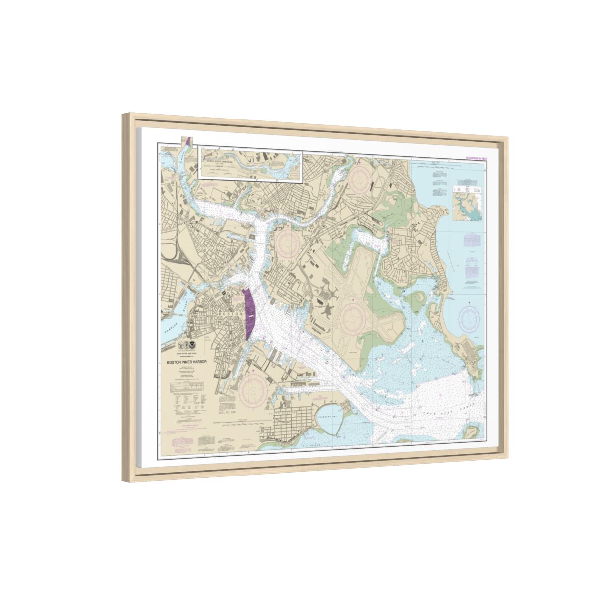 Chart 13272 Boston Inner Harbor - NOAA Nautical Chart Floating Frame Canvas | 32" x 24" | 40" x 30" - Natural side