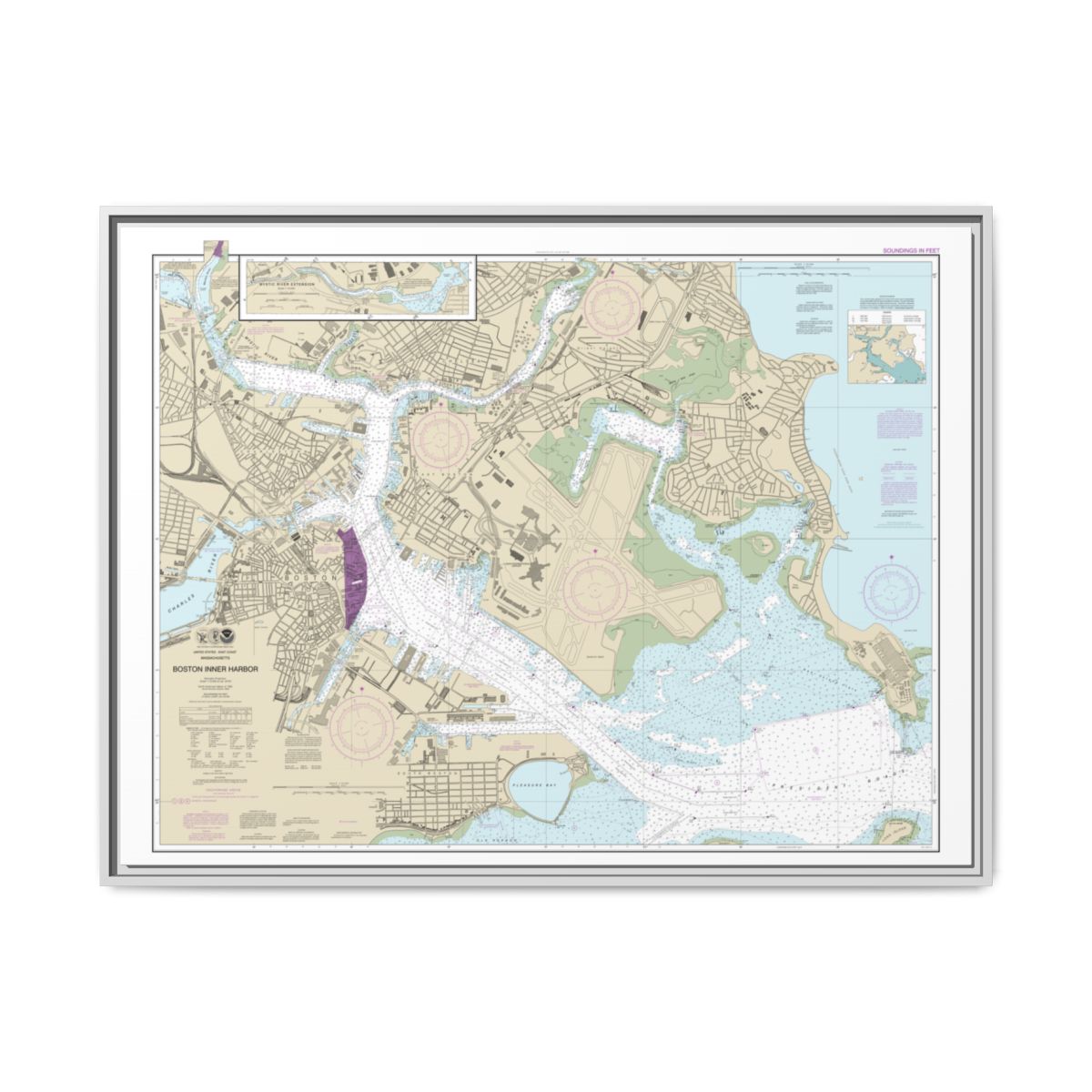 Chart 13272 Boston Inner Harbor - NOAA Nautical Chart Floating Frame Canvas | 32" x 24" | 40" x 30" - White front