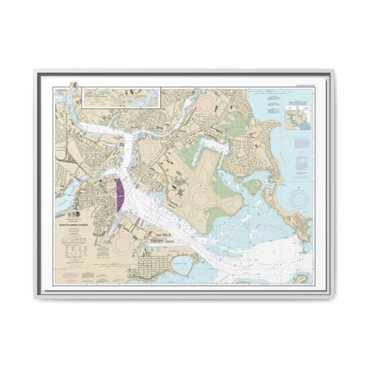 Chart 13272 Boston Inner Harbor - NOAA Nautical Chart Floating Frame Canvas | 32" x 24" | 40" x 30" - White front