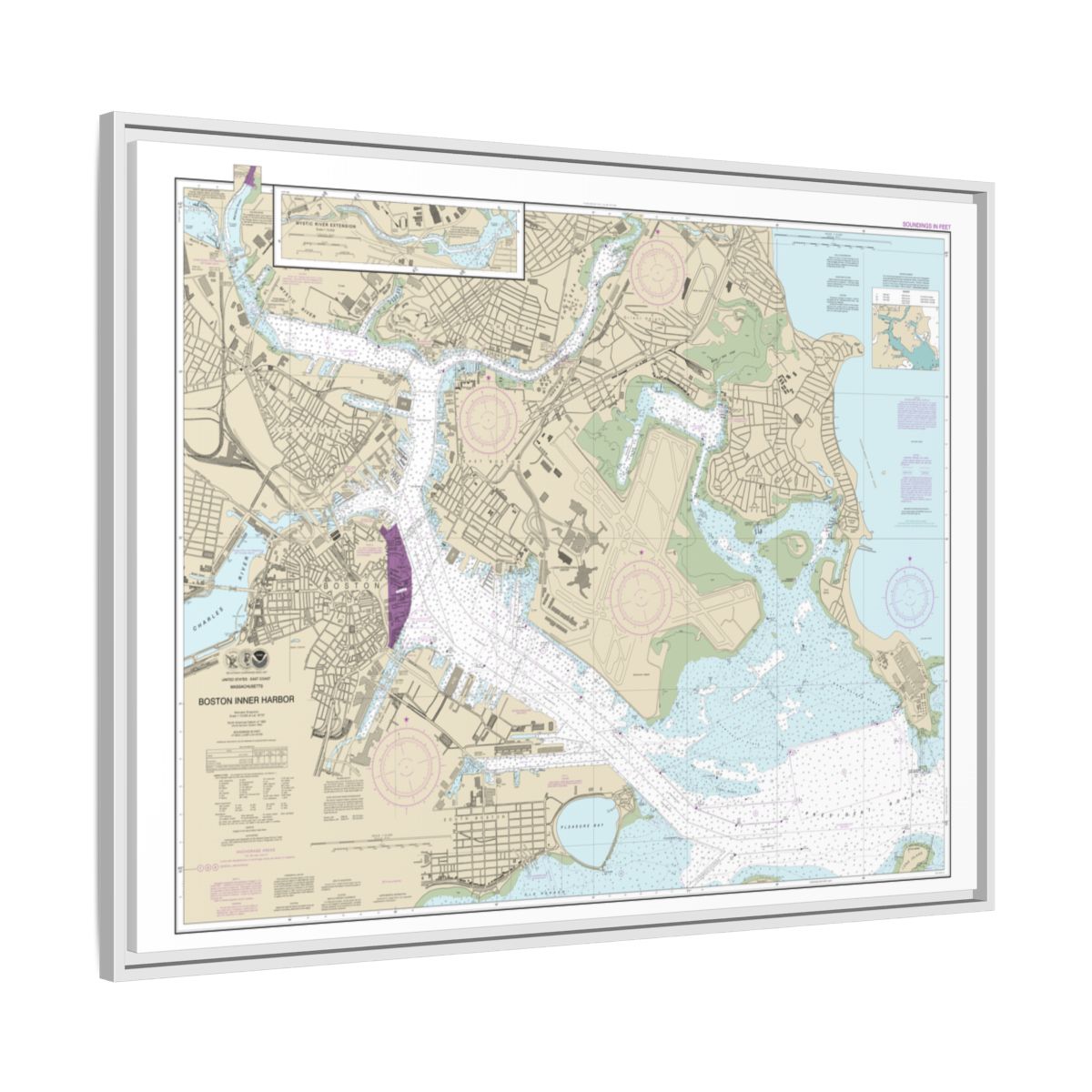 Chart 13272 Boston Inner Harbor - NOAA Nautical Chart Floating Frame Canvas | 32" x 24" | 40" x 30" - White side