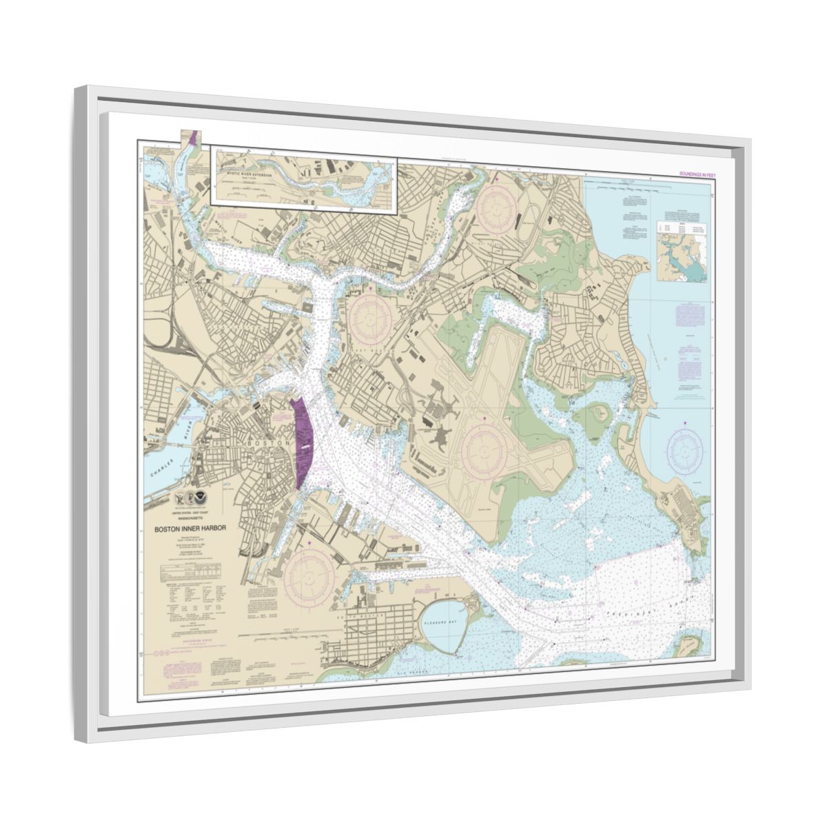Chart 13272 Boston Inner Harbor - NOAA Nautical Chart Floating Frame Canvas | 32" x 24" | 40" x 30" - White side