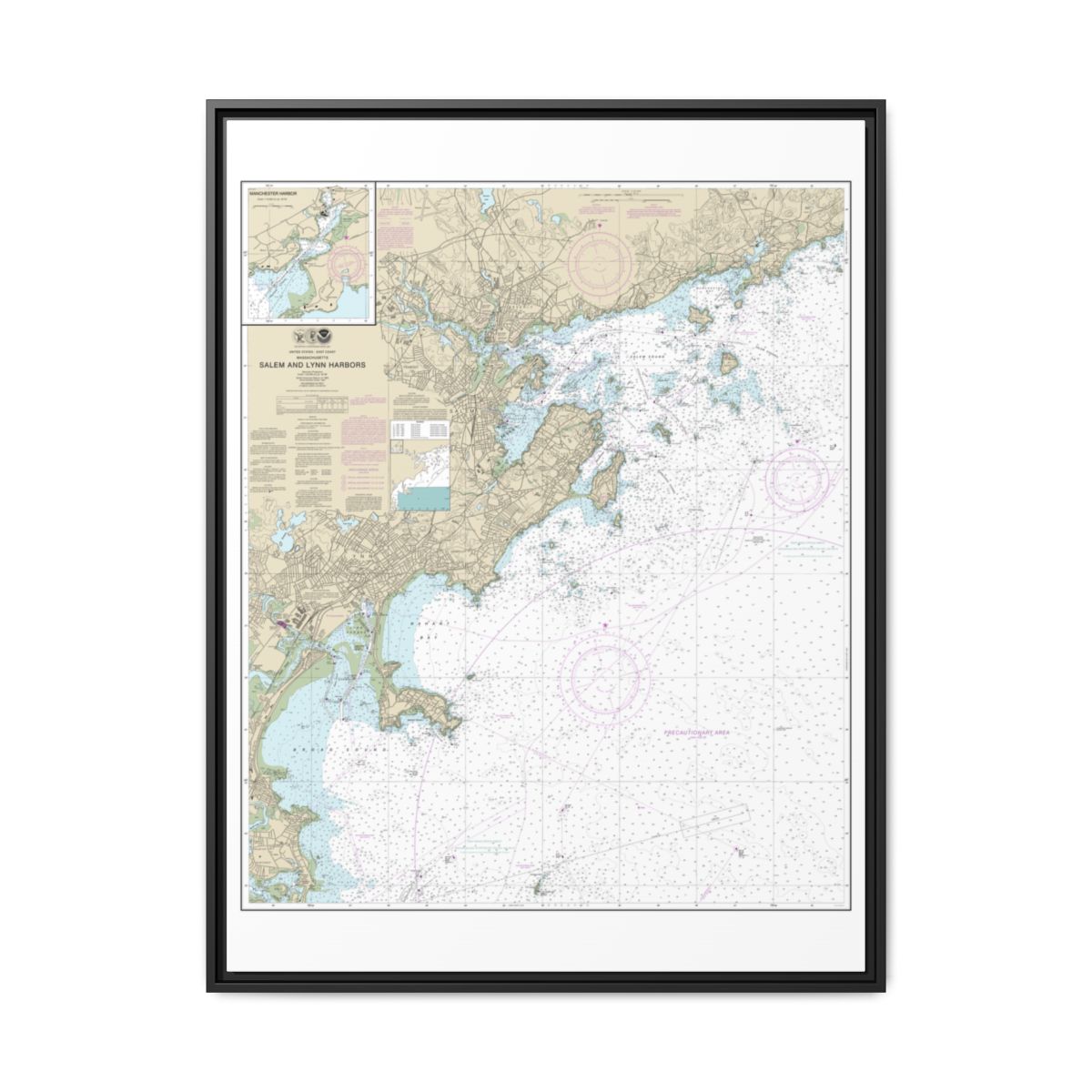 Chart 13275 Salem and Lynn Harbors; Manchester Harbor - NOAA Nautical Chart Floating Frame Canvas | 24" x 32" | 30" x 40" - Black front