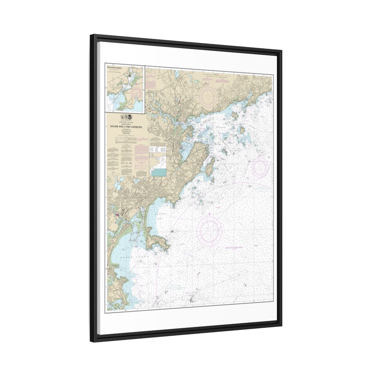 Chart 13275 Salem and Lynn Harbors; Manchester Harbor - NOAA Nautical Chart Floating Frame Canvas | 24" x 32" | 30" x 40" - Black side