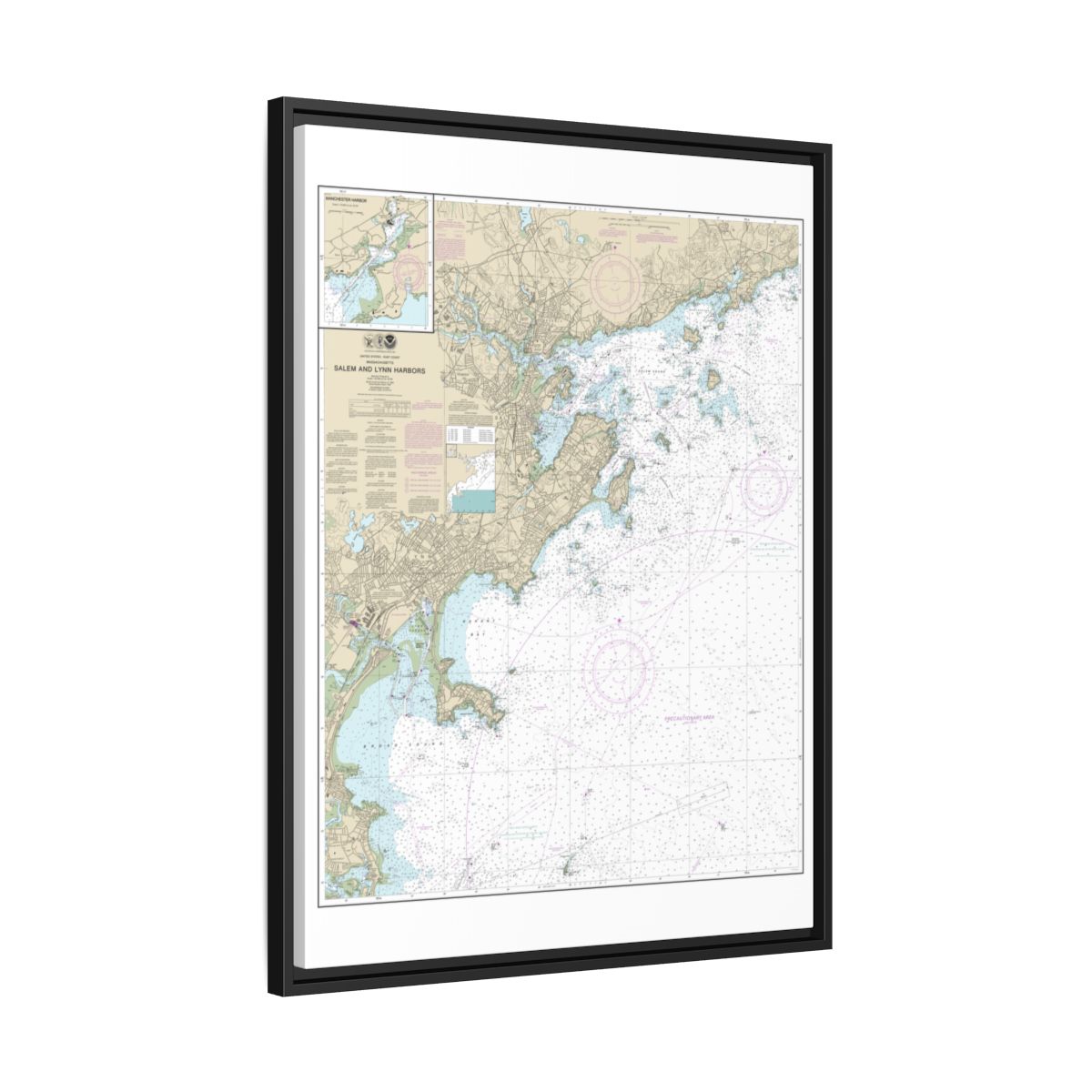 Chart 13275 Salem and Lynn Harbors; Manchester Harbor - NOAA Nautical Chart Floating Frame Canvas | 24" x 32" | 30" x 40" - Black side