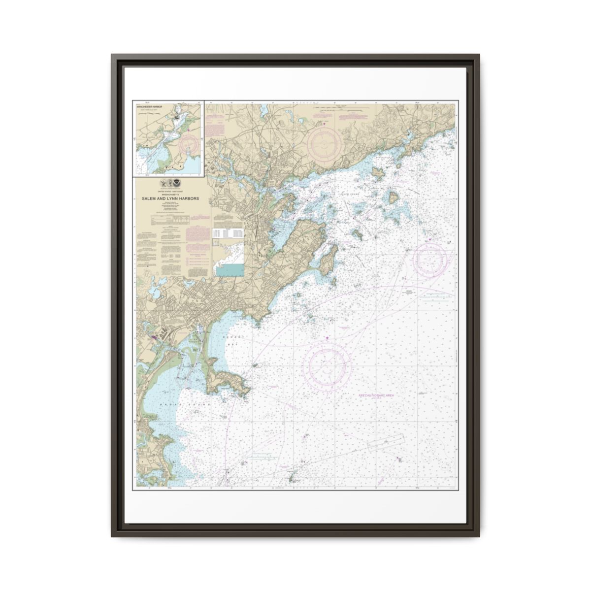 Chart 13275 Salem and Lynn Harbors; Manchester Harbor - NOAA Nautical Chart Floating Frame Canvas | 24" x 32" | 30" x 40" - Espresso front