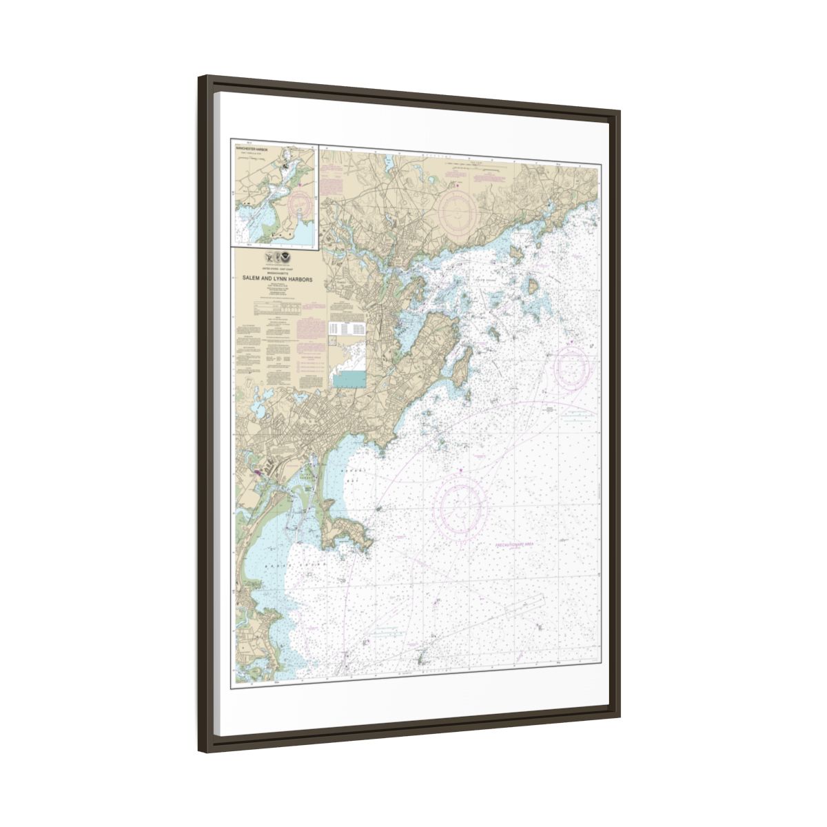 Chart 13275 Salem and Lynn Harbors; Manchester Harbor - NOAA Nautical Chart Floating Frame Canvas | 24" x 32" | 30" x 40" - Espresso side