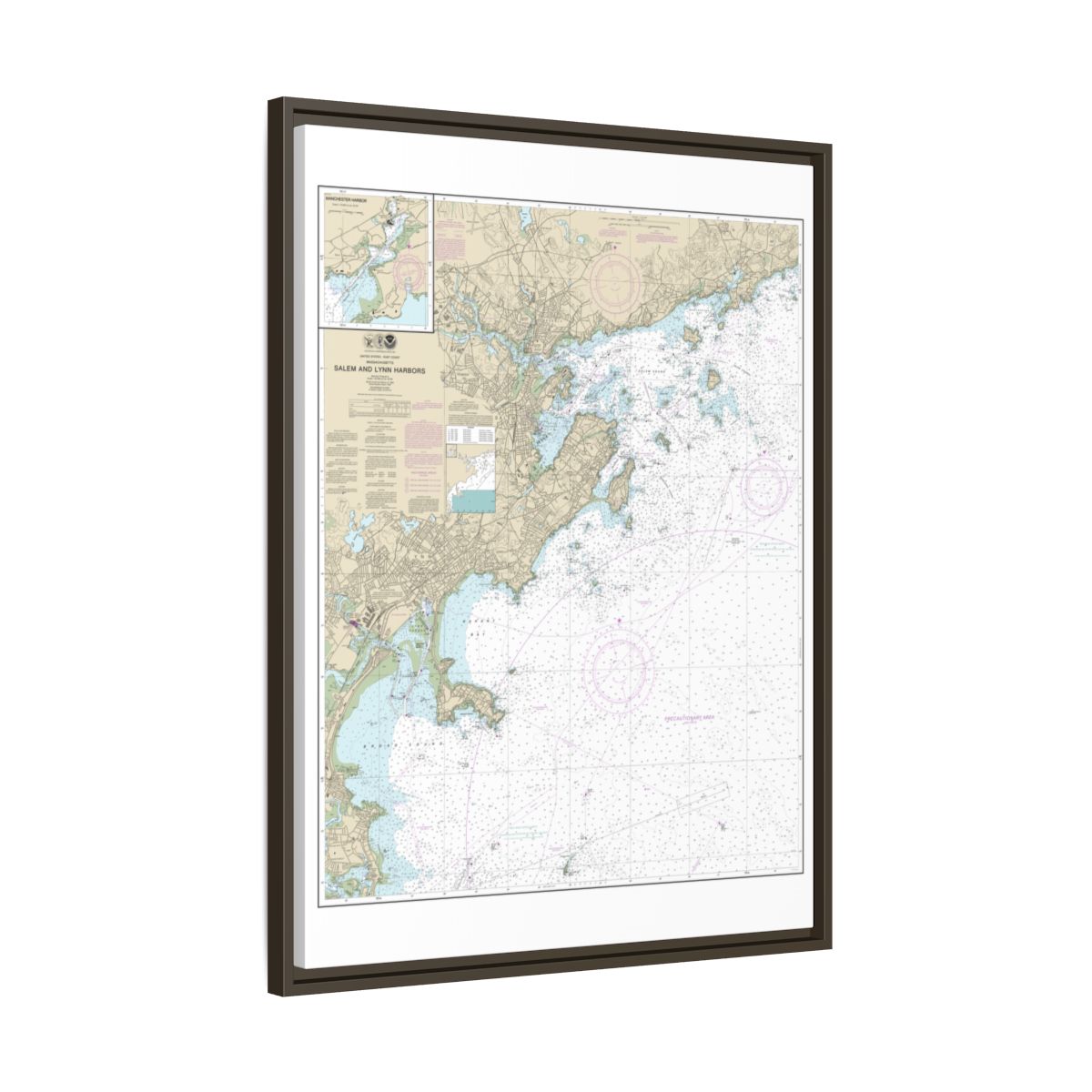 Chart 13275 Salem and Lynn Harbors; Manchester Harbor - NOAA Nautical Chart Floating Frame Canvas | 24" x 32" | 30" x 40" - Espresso side