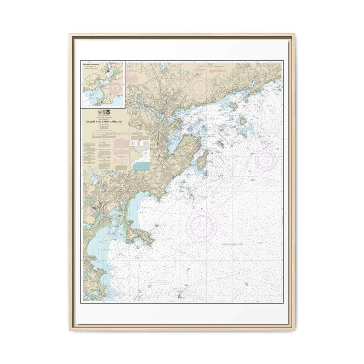 Chart 13275 Salem and Lynn Harbors; Manchester Harbor - NOAA Nautical Chart Floating Frame Canvas | 24" x 32" | 30" x 40" - Natural front