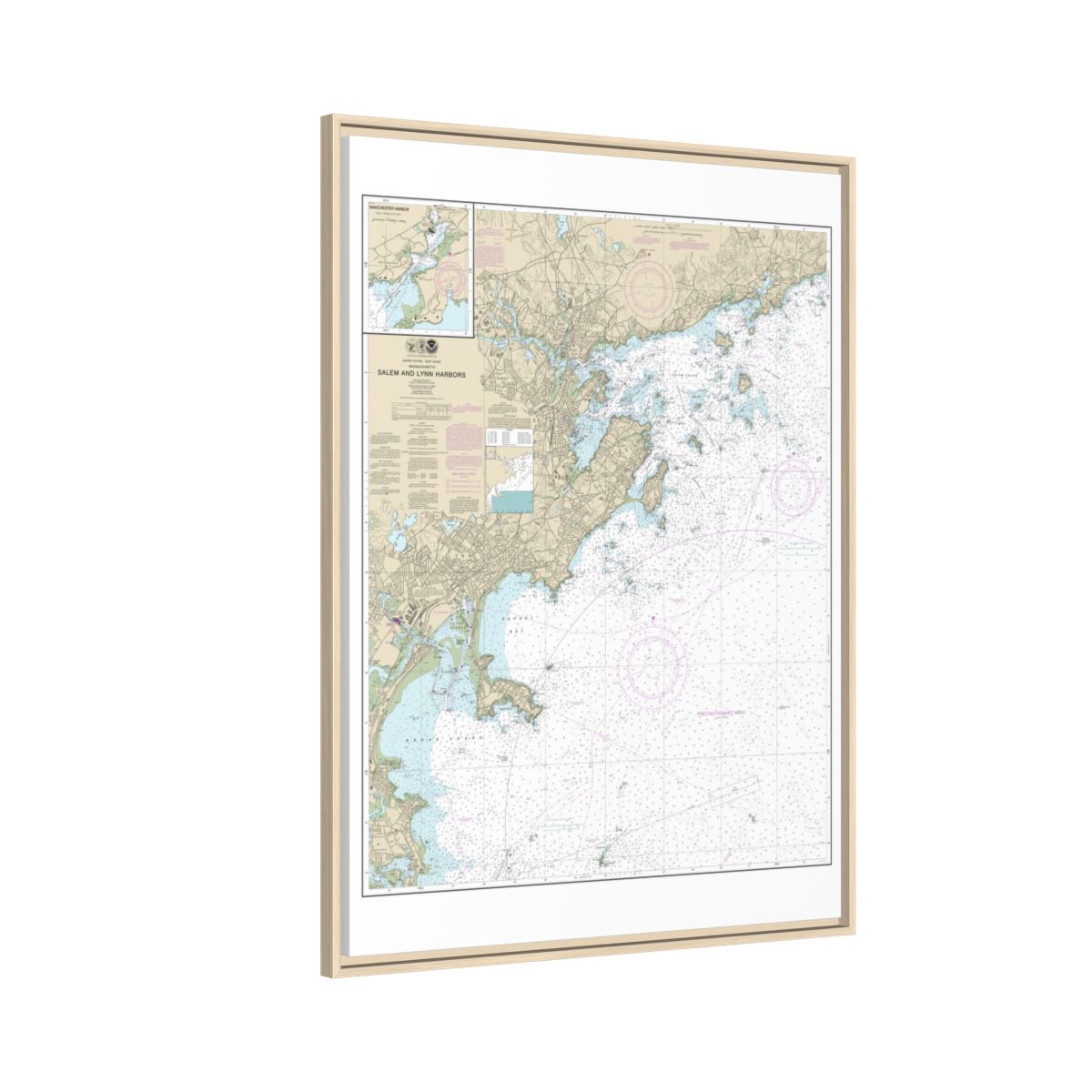 Chart 13275 Salem and Lynn Harbors; Manchester Harbor - NOAA Nautical Chart Floating Frame Canvas | 24" x 32" | 30" x 40" - Natural side