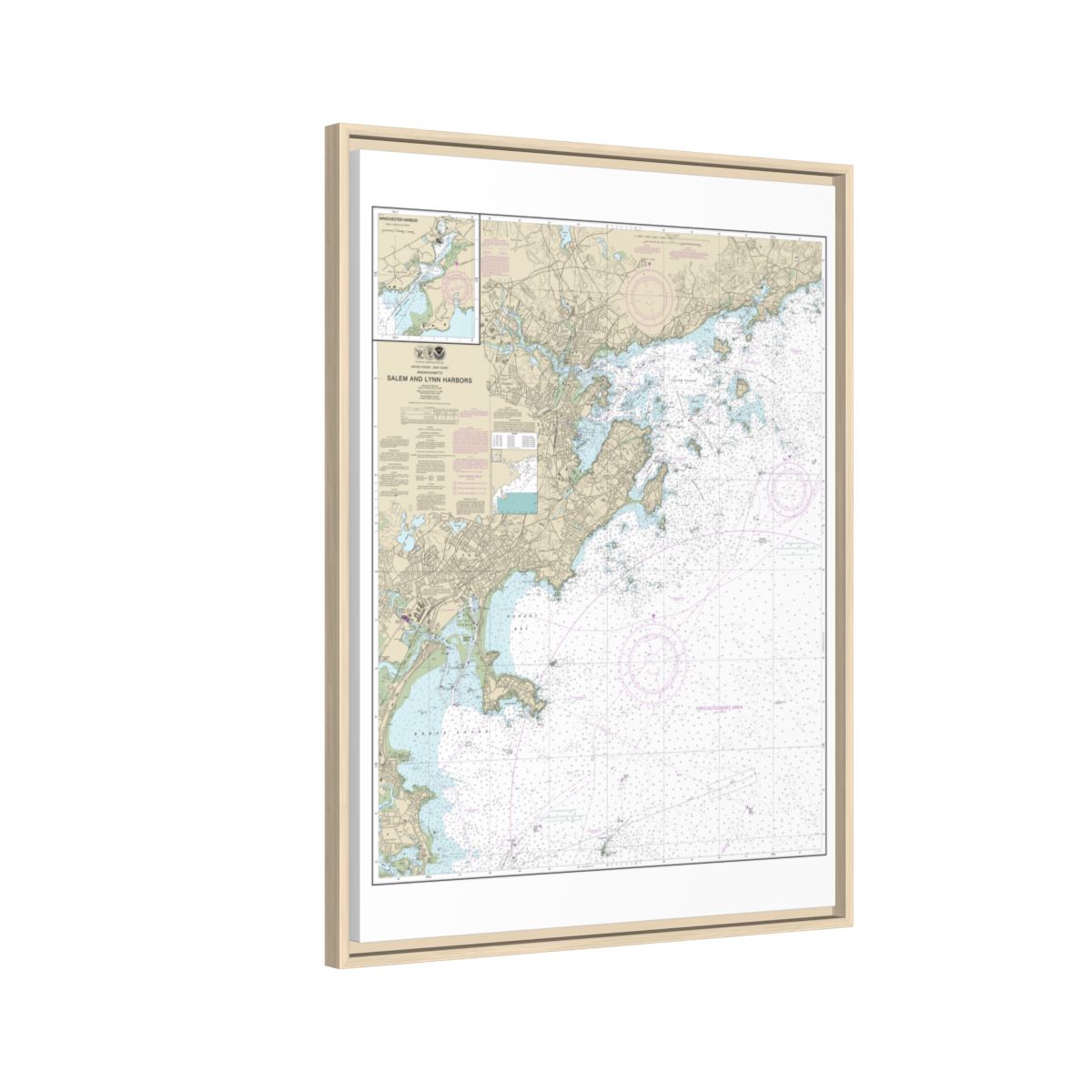 Chart 13275 Salem and Lynn Harbors; Manchester Harbor - NOAA Nautical Chart Floating Frame Canvas | 24" x 32" | 30" x 40" - Natural side