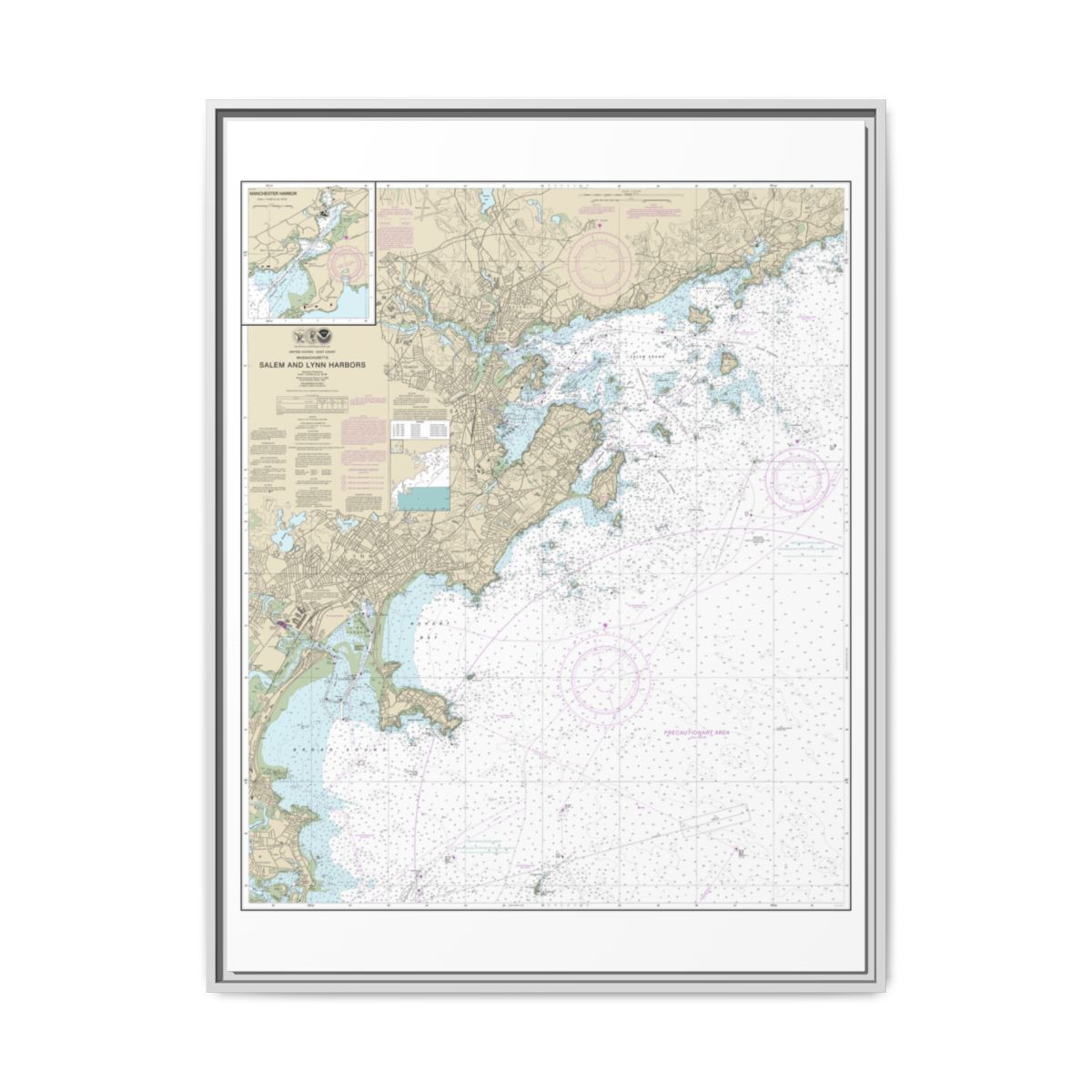 Chart 13275 Salem and Lynn Harbors; Manchester Harbor - NOAA Nautical Chart Floating Frame Canvas | 24" x 32" | 30" x 40" - White front