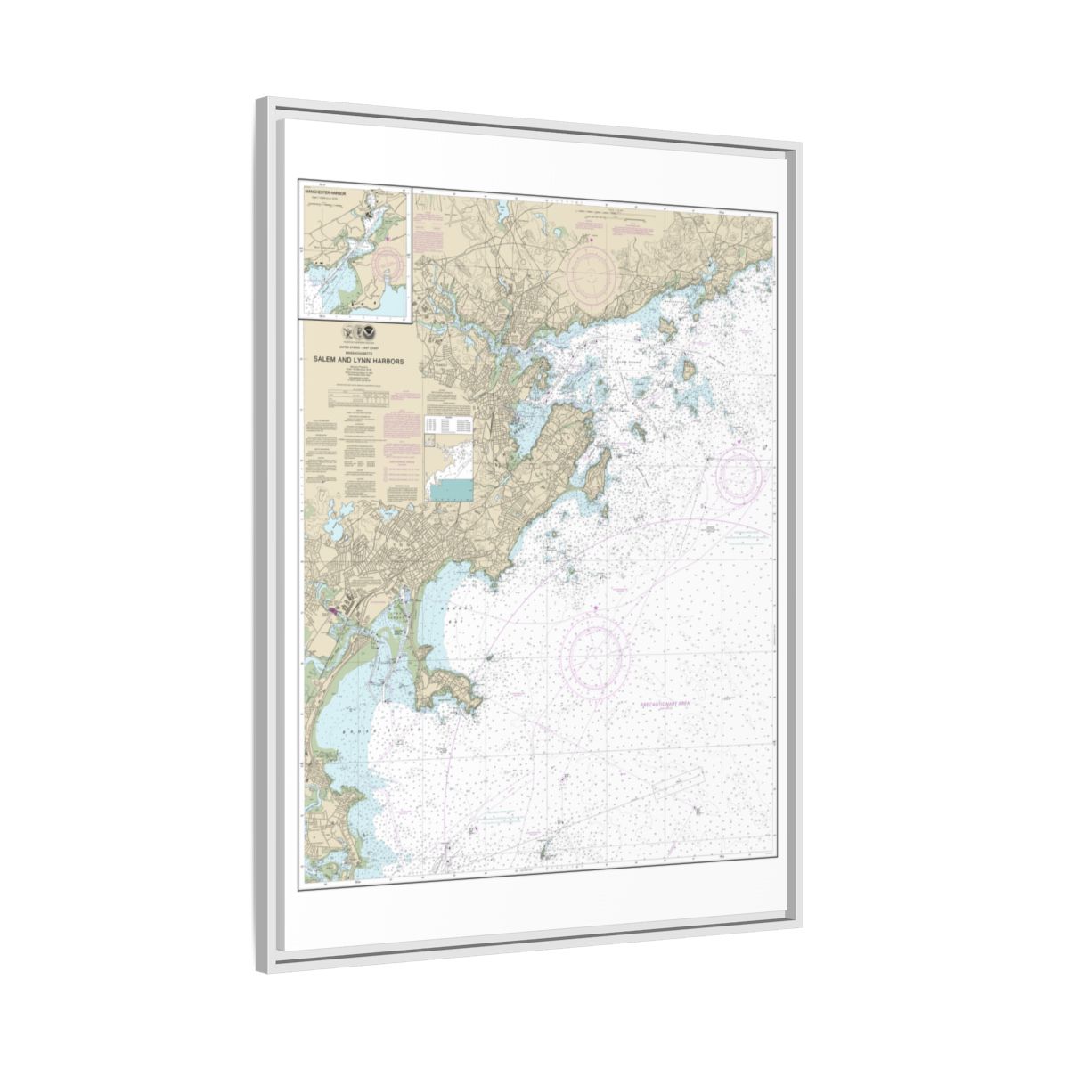 Chart 13275 Salem and Lynn Harbors; Manchester Harbor - NOAA Nautical Chart Floating Frame Canvas | 24" x 32" | 30" x 40" - White side