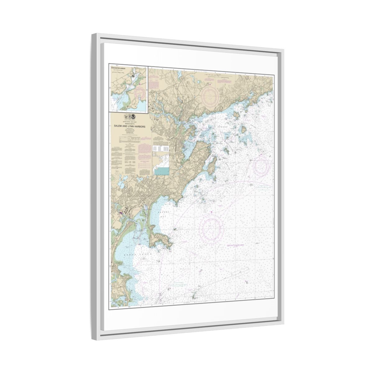 Chart 13275 Salem and Lynn Harbors; Manchester Harbor - NOAA Nautical Chart Floating Frame Canvas | 24" x 32" | 30" x 40" - White side