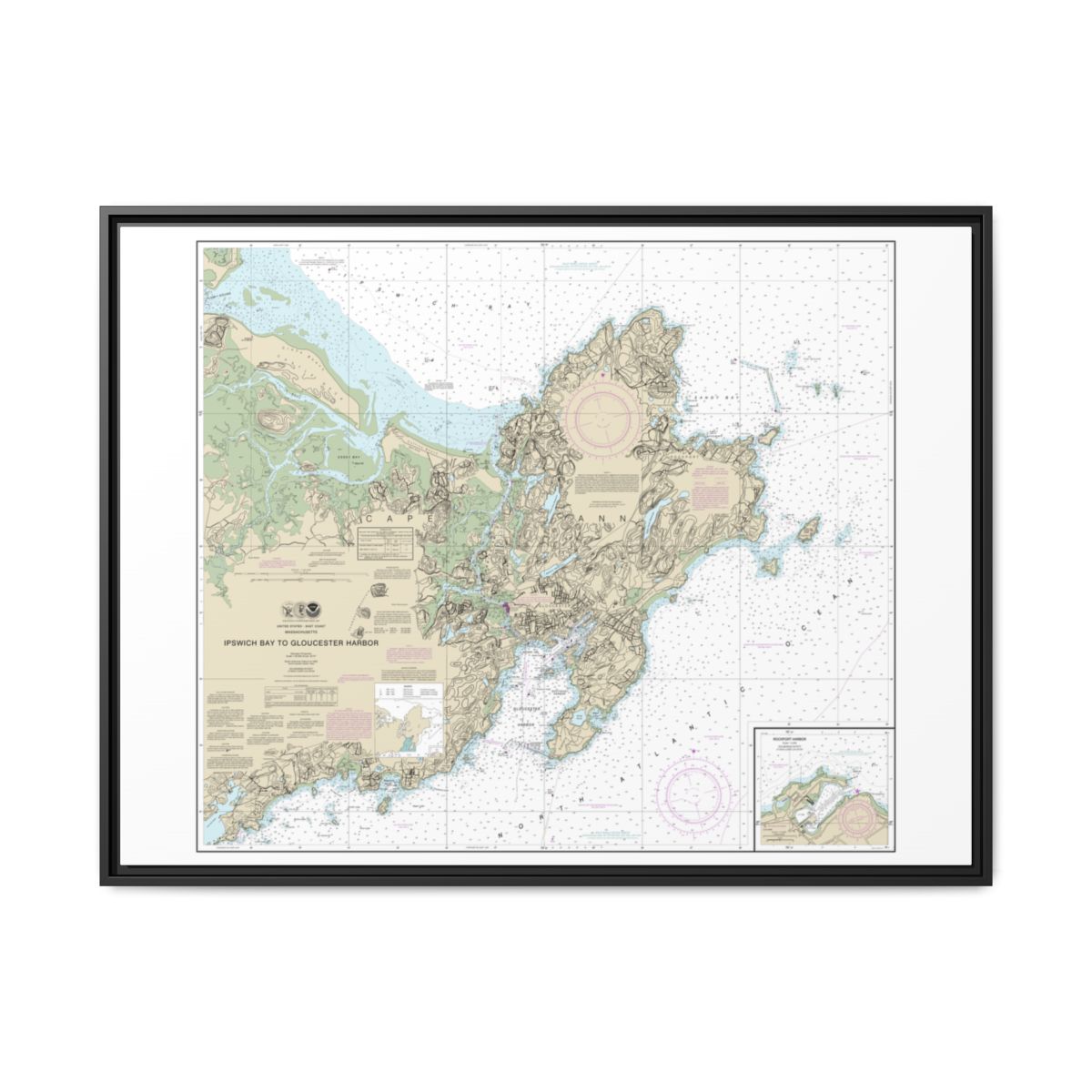 Chart 13279 Ipswich Bay to Gloucester Harbor; Rockport Harbor - NOAA Nautical Chart Floating Frame Canvas | 32" x 24" | 40" x 30" - Black front