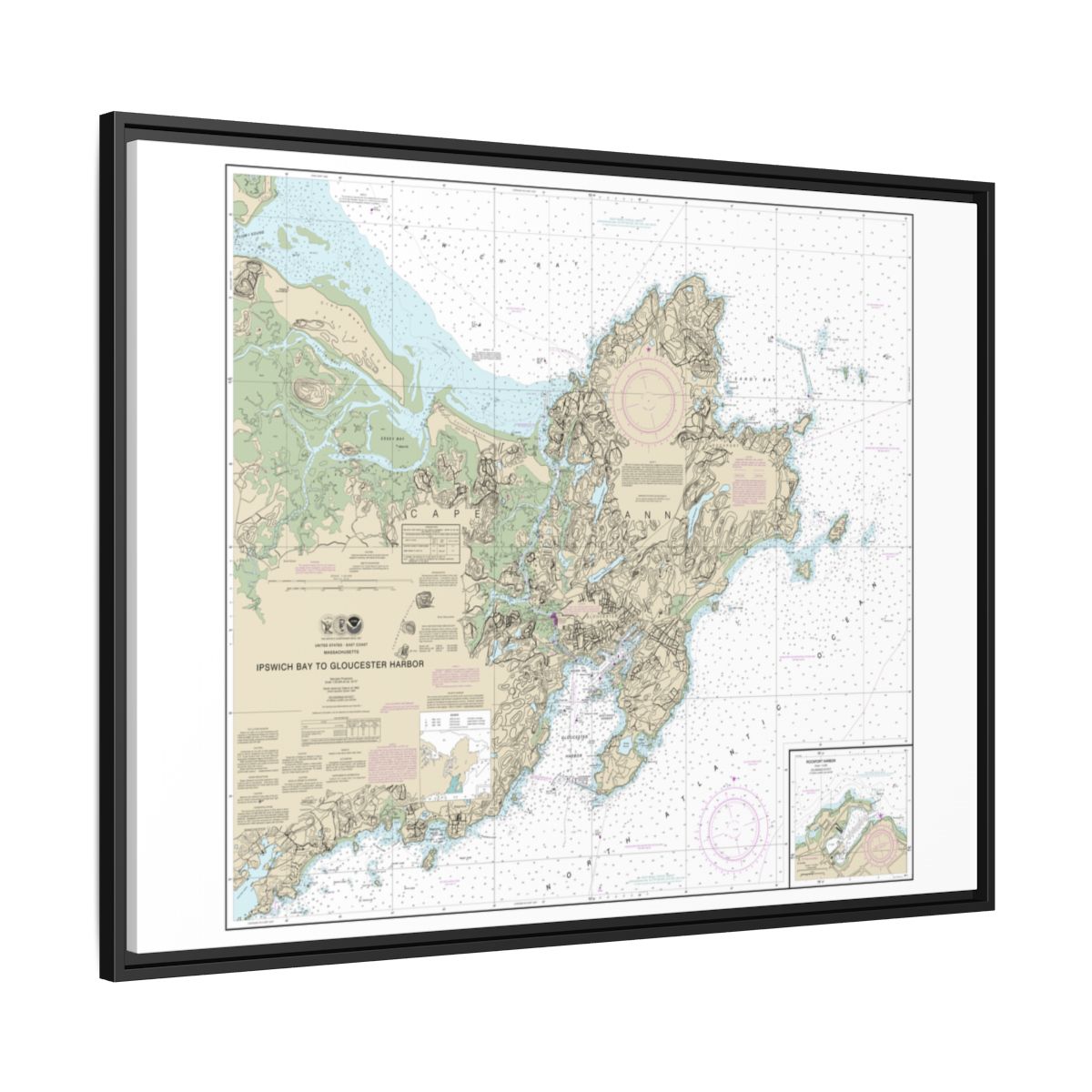 Chart 13279 Ipswich Bay to Gloucester Harbor; Rockport Harbor - NOAA Nautical Chart Floating Frame Canvas | 32" x 24" | 40" x 30" - Black side