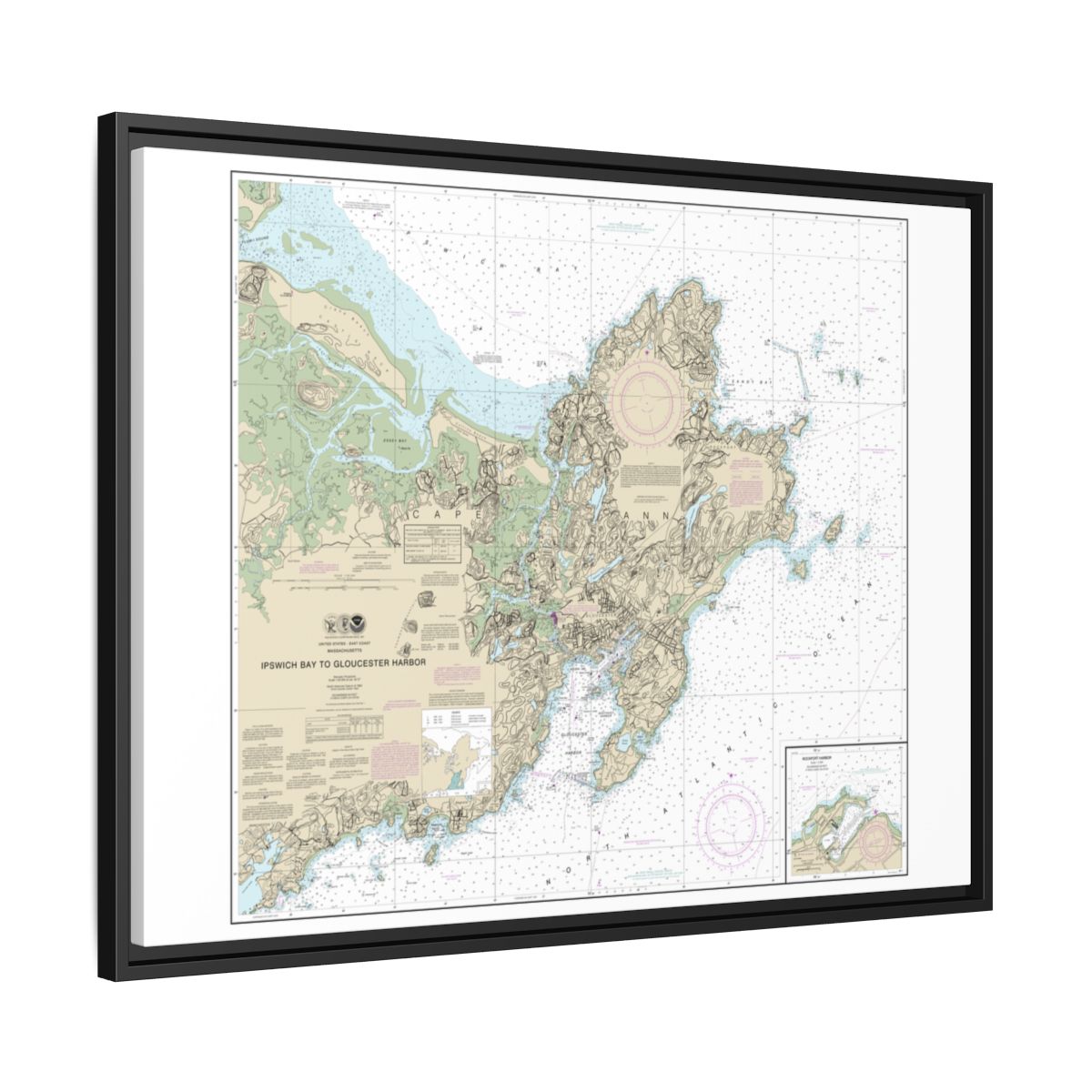 Chart 13279 Ipswich Bay to Gloucester Harbor; Rockport Harbor - NOAA Nautical Chart Floating Frame Canvas | 32" x 24" | 40" x 30" - Black side
