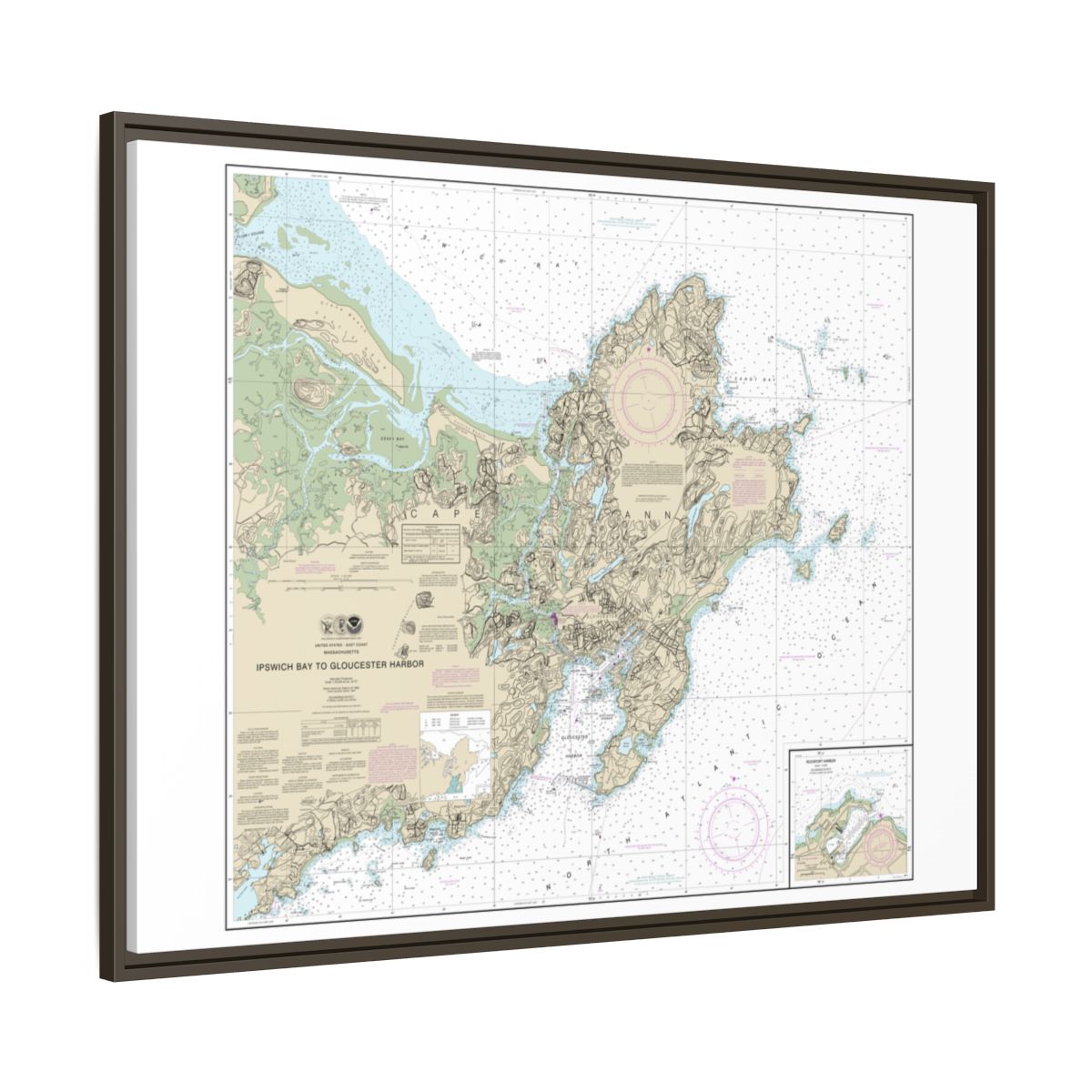 Chart 13279 Ipswich Bay to Gloucester Harbor; Rockport Harbor - NOAA Nautical Chart Floating Frame Canvas | 32" x 24" | 40" x 30" - Espresso side