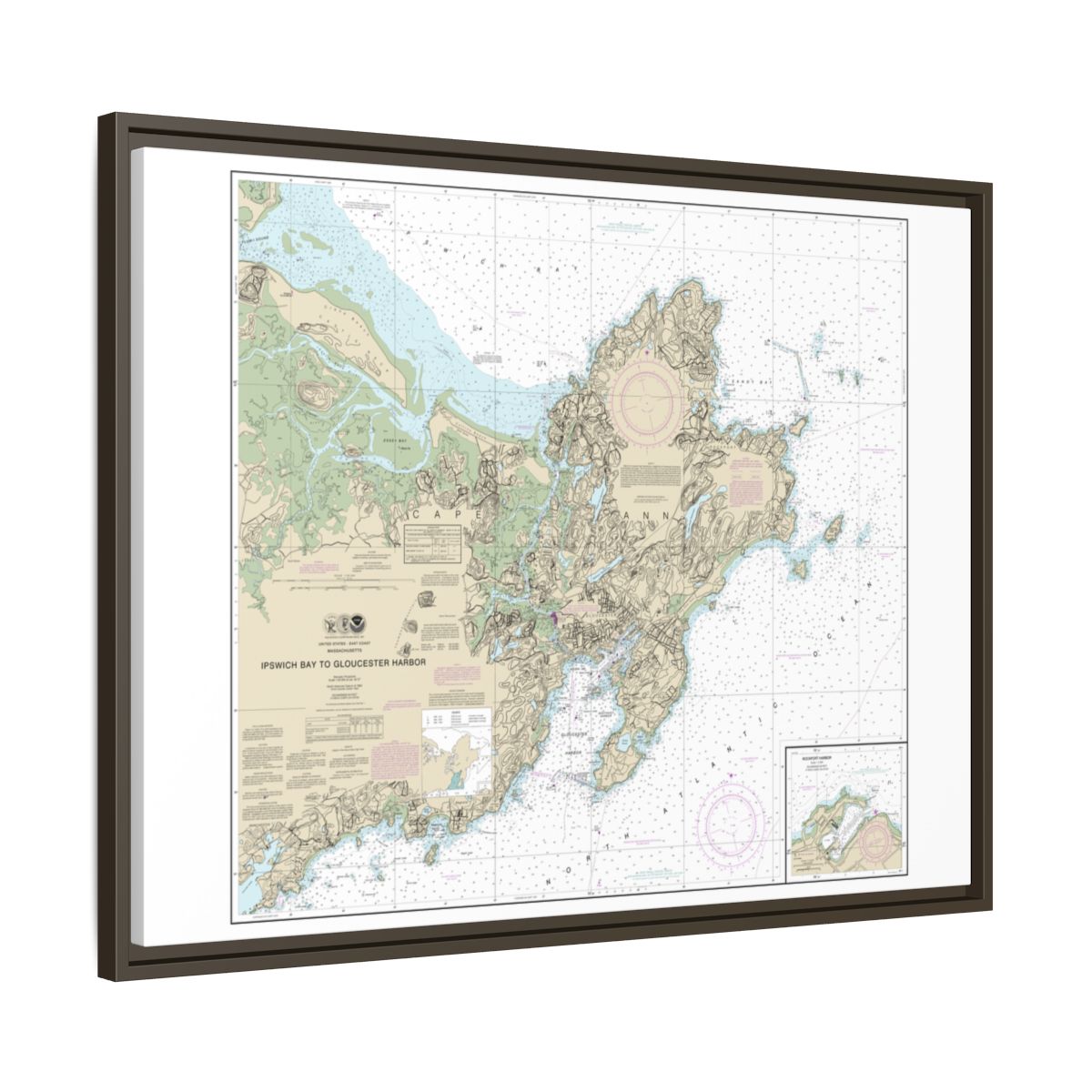 Chart 13279 Ipswich Bay to Gloucester Harbor; Rockport Harbor - NOAA Nautical Chart Floating Frame Canvas | 32" x 24" | 40" x 30" - Espresso side