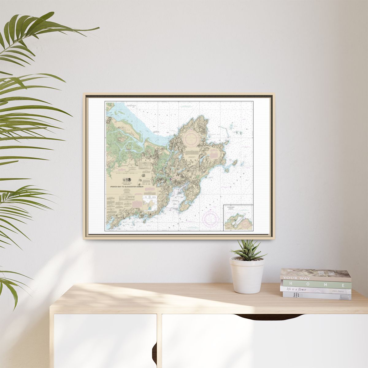 Chart 13279 Ipswich Bay to Gloucester Harbor; Rockport Harbor - NOAA Nautical Chart Floating Frame Canvas | 32" x 24" | 40" x 30" - Natural context-1