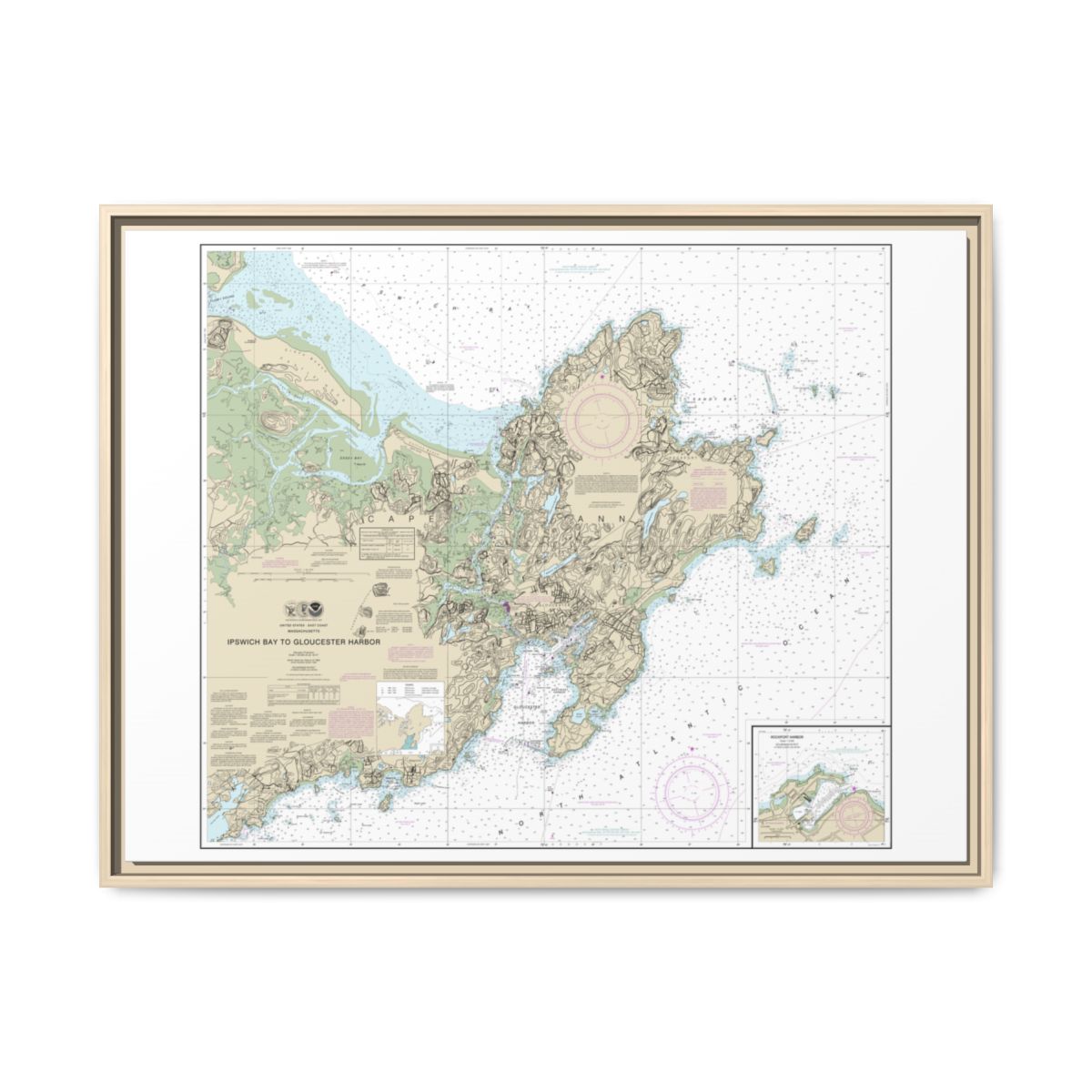 Chart 13279 Ipswich Bay to Gloucester Harbor; Rockport Harbor - NOAA Nautical Chart Floating Frame Canvas | 32" x 24" | 40" x 30" - Natural front