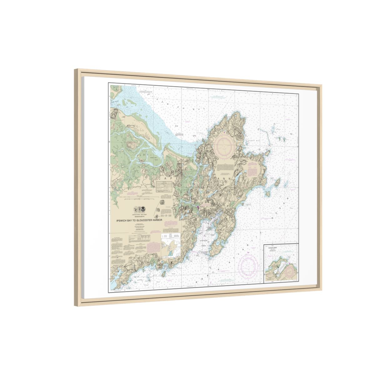 Chart 13279 Ipswich Bay to Gloucester Harbor; Rockport Harbor - NOAA Nautical Chart Floating Frame Canvas | 32" x 24" | 40" x 30" - Natural side