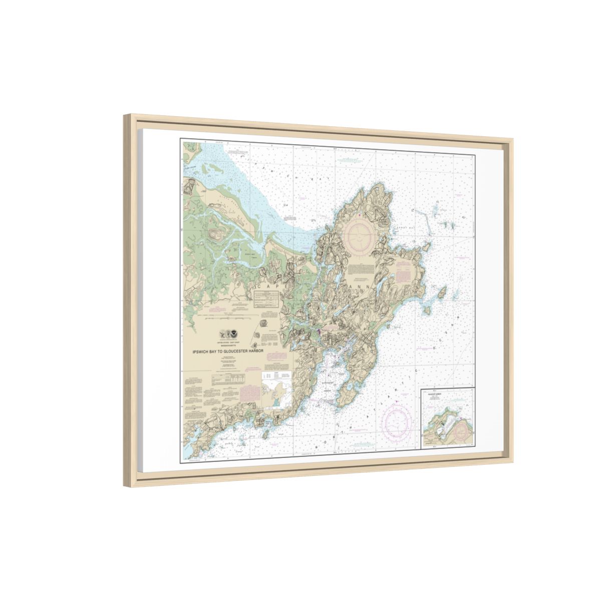 Chart 13279 Ipswich Bay to Gloucester Harbor; Rockport Harbor - NOAA Nautical Chart Floating Frame Canvas | 32" x 24" | 40" x 30" - Natural side