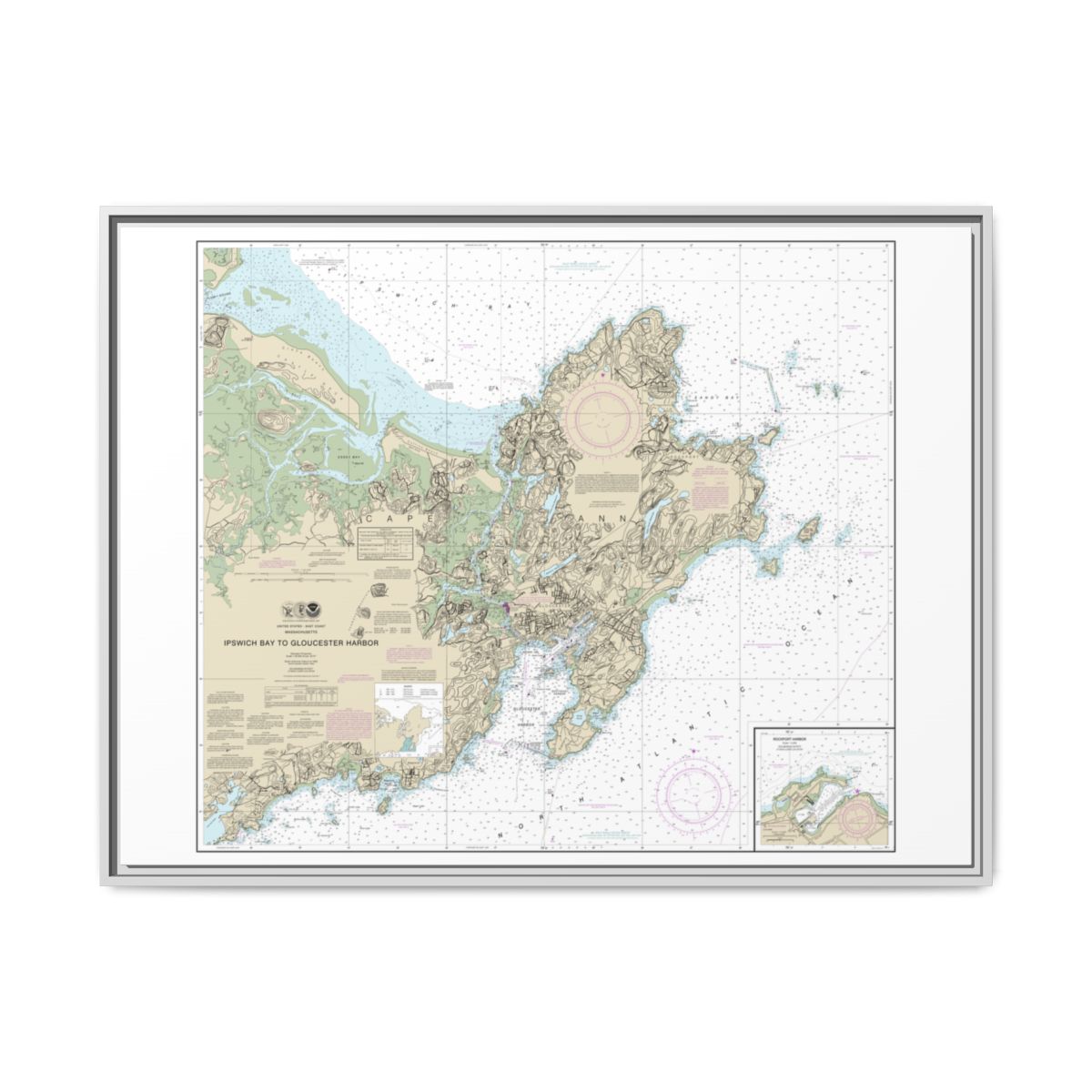 Chart 13279 Ipswich Bay to Gloucester Harbor; Rockport Harbor - NOAA Nautical Chart Floating Frame Canvas | 32" x 24" | 40" x 30" - White front