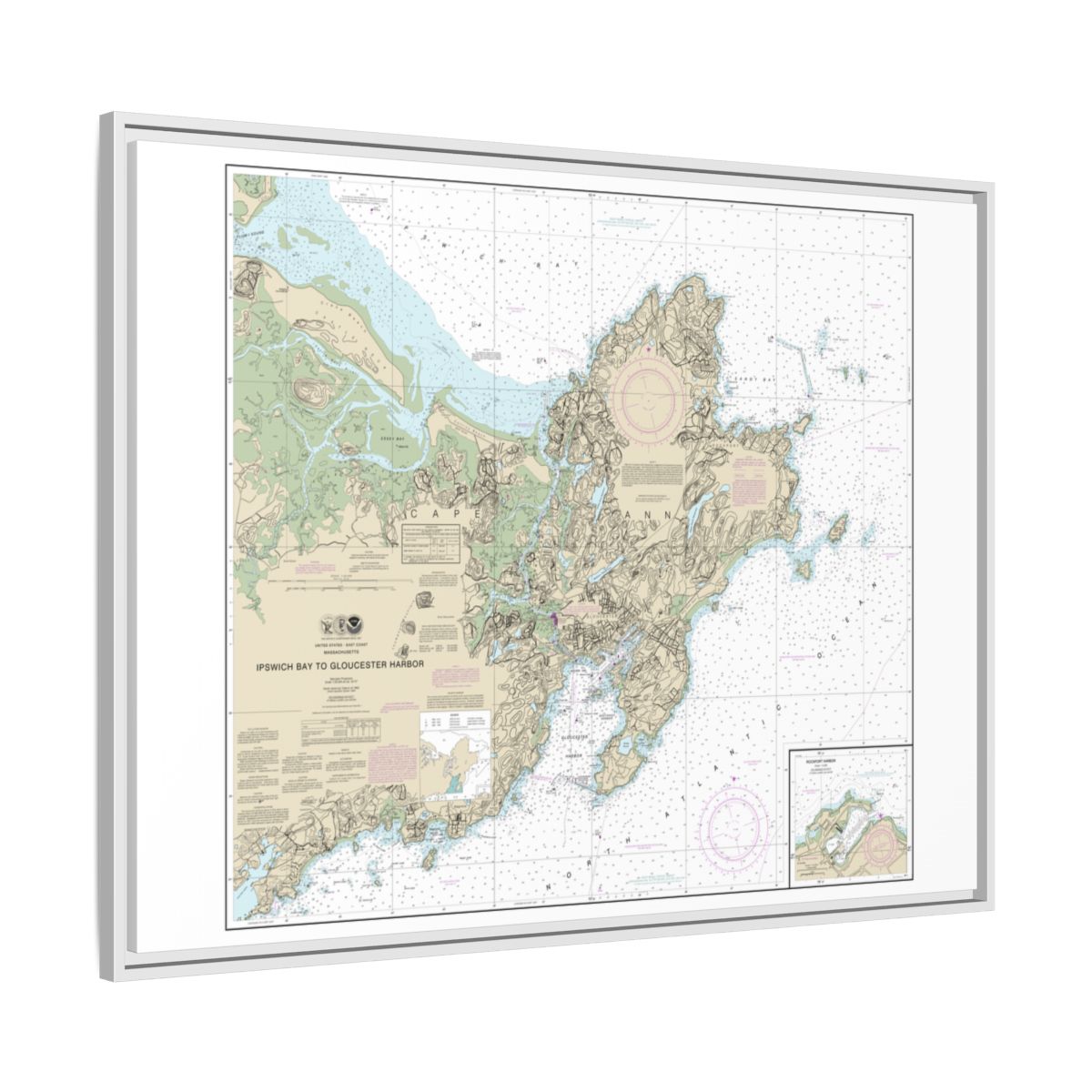 Chart 13279 Ipswich Bay to Gloucester Harbor; Rockport Harbor - NOAA Nautical Chart Floating Frame Canvas | 32" x 24" | 40" x 30" - White side