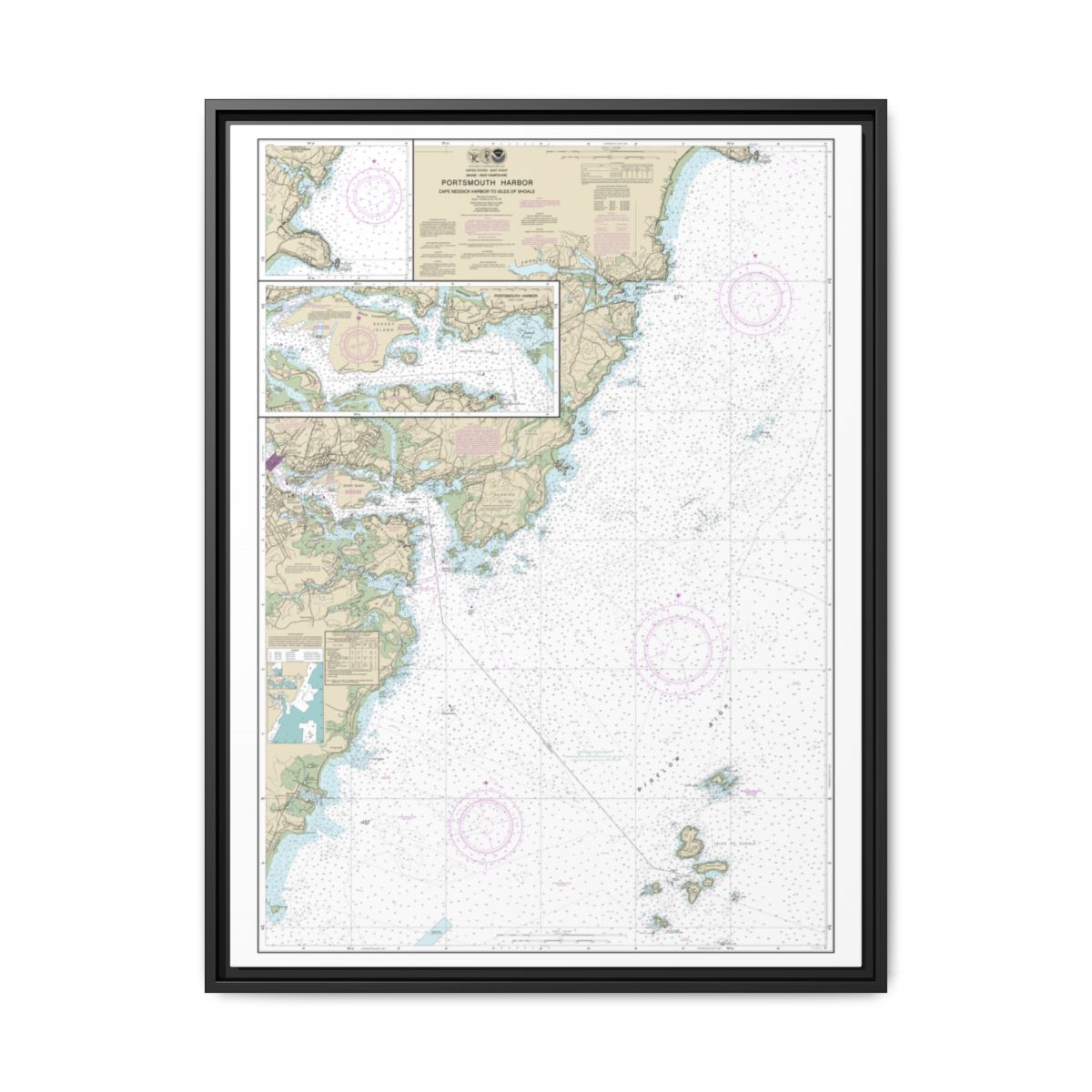 Chart 13283 Portsmouth Harbor Cape Neddick Harbor to Isles of Shoals; Portsmouth Harbor - NOAA Nautical Chart Floating Frame Canvas | 24" x 32" | 30" x 40" - Black front