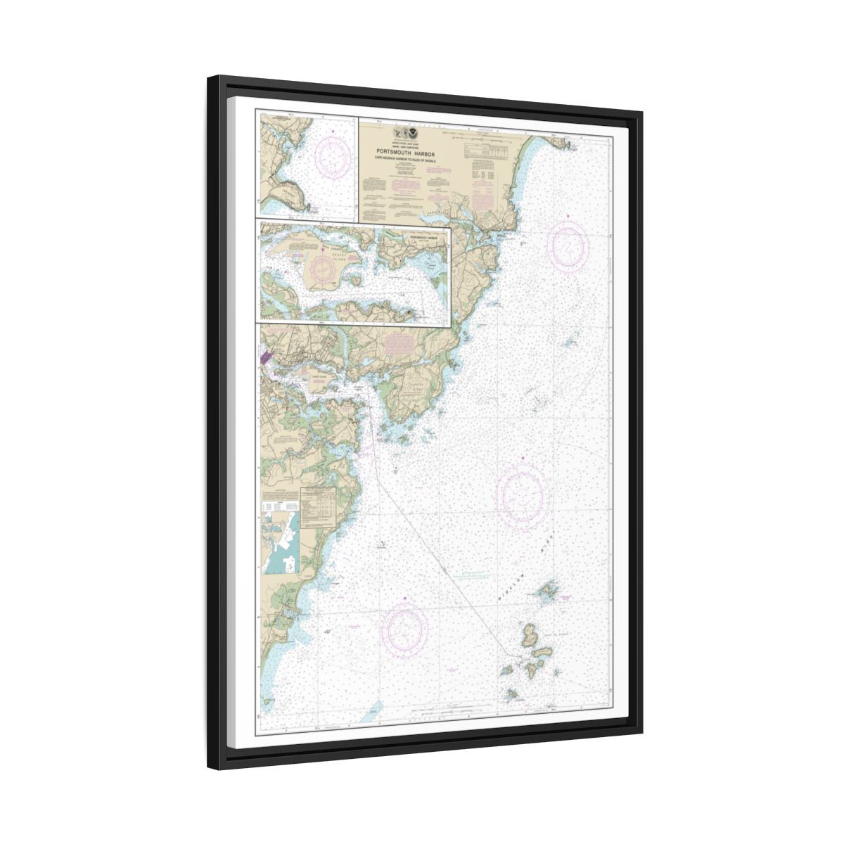 Chart 13283 Portsmouth Harbor Cape Neddick Harbor to Isles of Shoals; Portsmouth Harbor - NOAA Nautical Chart Floating Frame Canvas | 24" x 32" | 30" x 40" - Black side