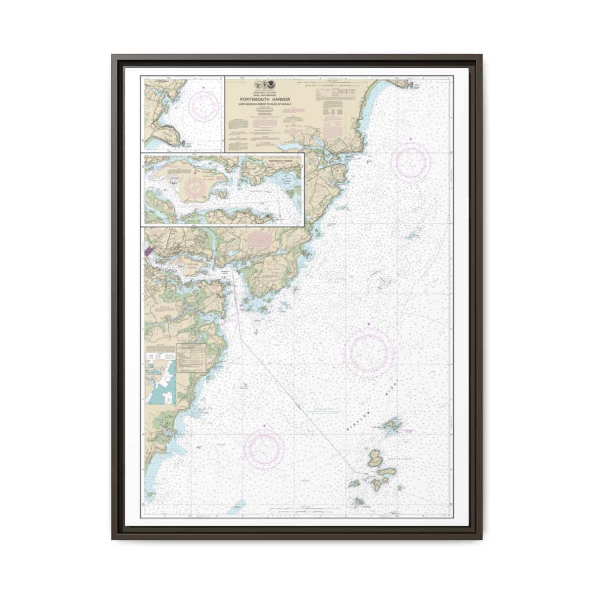 Chart 13283 Portsmouth Harbor Cape Neddick Harbor to Isles of Shoals; Portsmouth Harbor - NOAA Nautical Chart Floating Frame Canvas | 24" x 32" | 30" x 40" - Espresso front