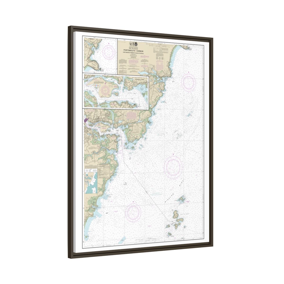Chart 13283 Portsmouth Harbor Cape Neddick Harbor to Isles of Shoals; Portsmouth Harbor - NOAA Nautical Chart Floating Frame Canvas | 24" x 32" | 30" x 40" - Espresso side