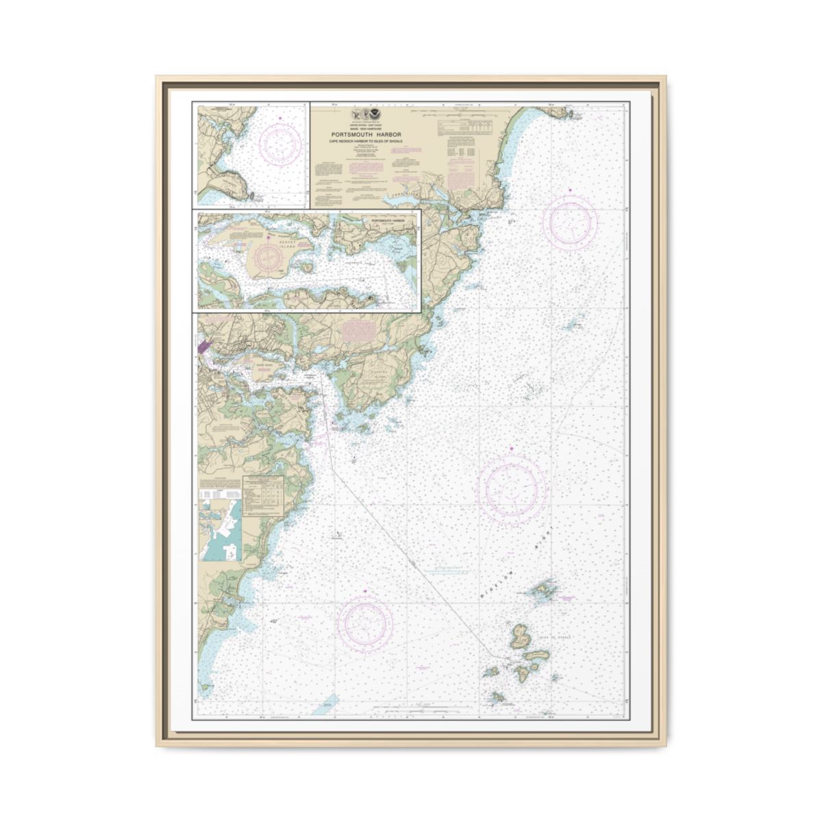 Chart 13283 Portsmouth Harbor Cape Neddick Harbor to Isles of Shoals; Portsmouth Harbor - NOAA Nautical Chart Floating Frame Canvas | 24" x 32" | 30" x 40" - Natural front