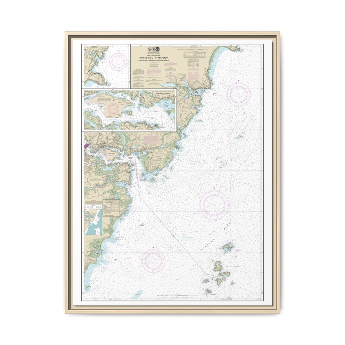 Chart 13283 Portsmouth Harbor Cape Neddick Harbor to Isles of Shoals; Portsmouth Harbor - NOAA Nautical Chart Floating Frame Canvas | 24" x 32" | 30" x 40" - Natural front