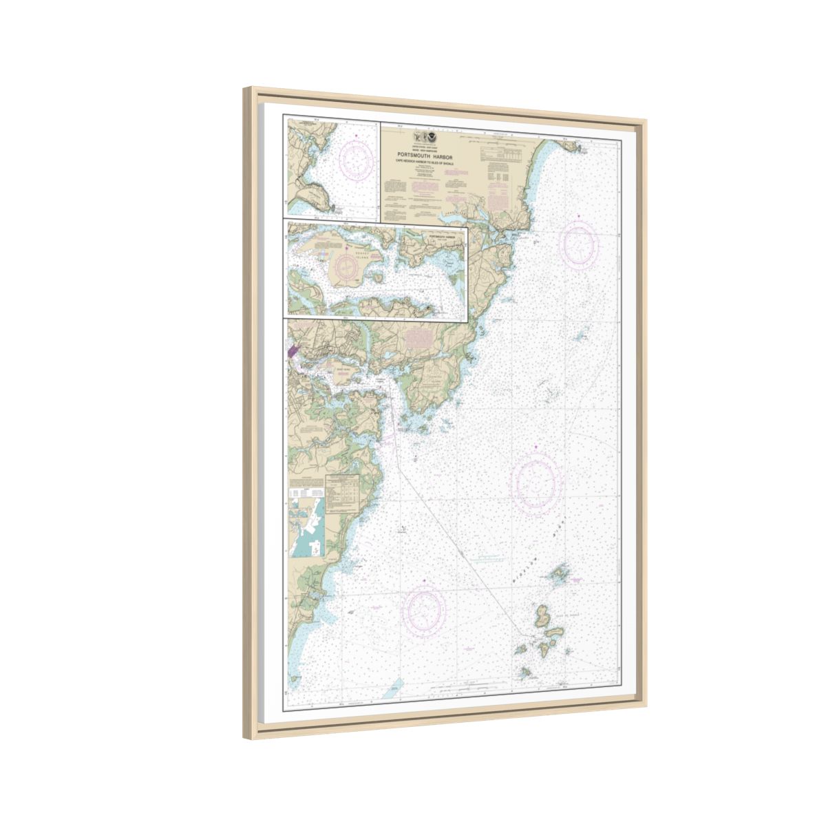 Chart 13283 Portsmouth Harbor Cape Neddick Harbor to Isles of Shoals; Portsmouth Harbor - NOAA Nautical Chart Floating Frame Canvas | 24" x 32" | 30" x 40" - Natural side