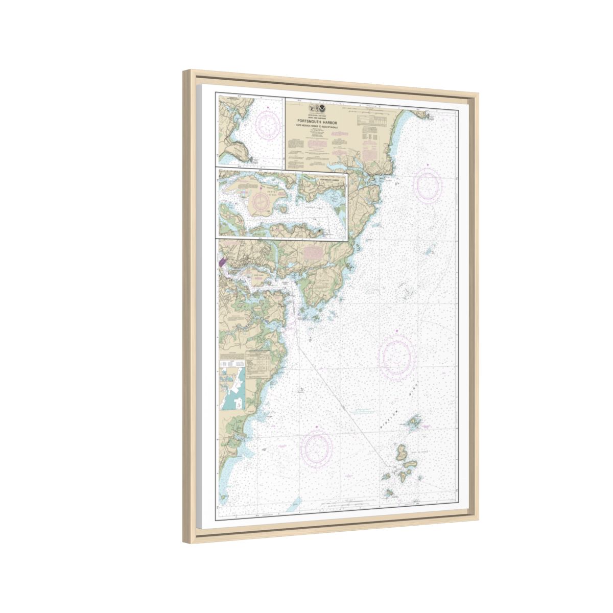 Chart 13283 Portsmouth Harbor Cape Neddick Harbor to Isles of Shoals; Portsmouth Harbor - NOAA Nautical Chart Floating Frame Canvas | 24" x 32" | 30" x 40" - Natural side