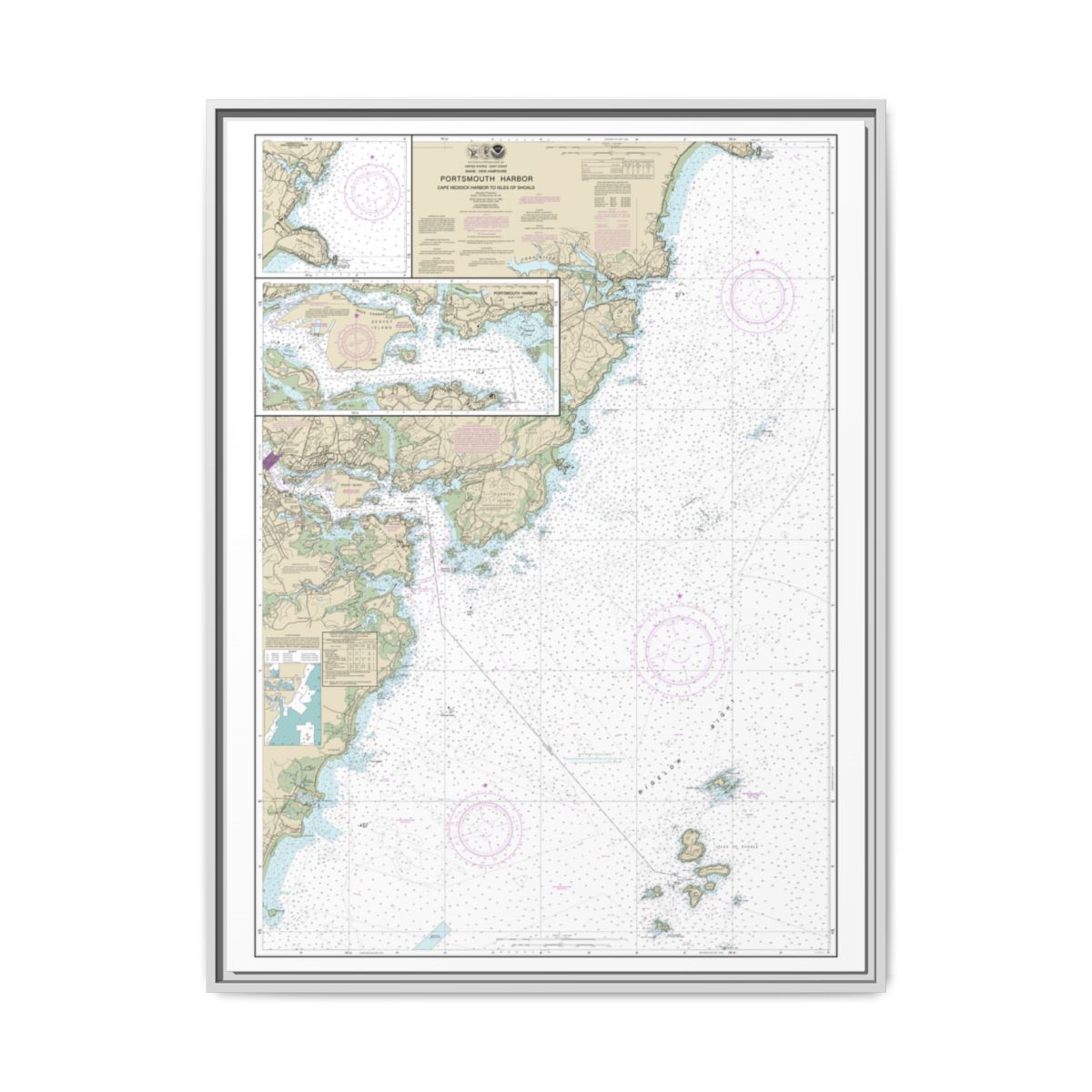 Chart 13283 Portsmouth Harbor Cape Neddick Harbor to Isles of Shoals; Portsmouth Harbor - NOAA Nautical Chart Floating Frame Canvas | 24" x 32" | 30" x 40" - White front