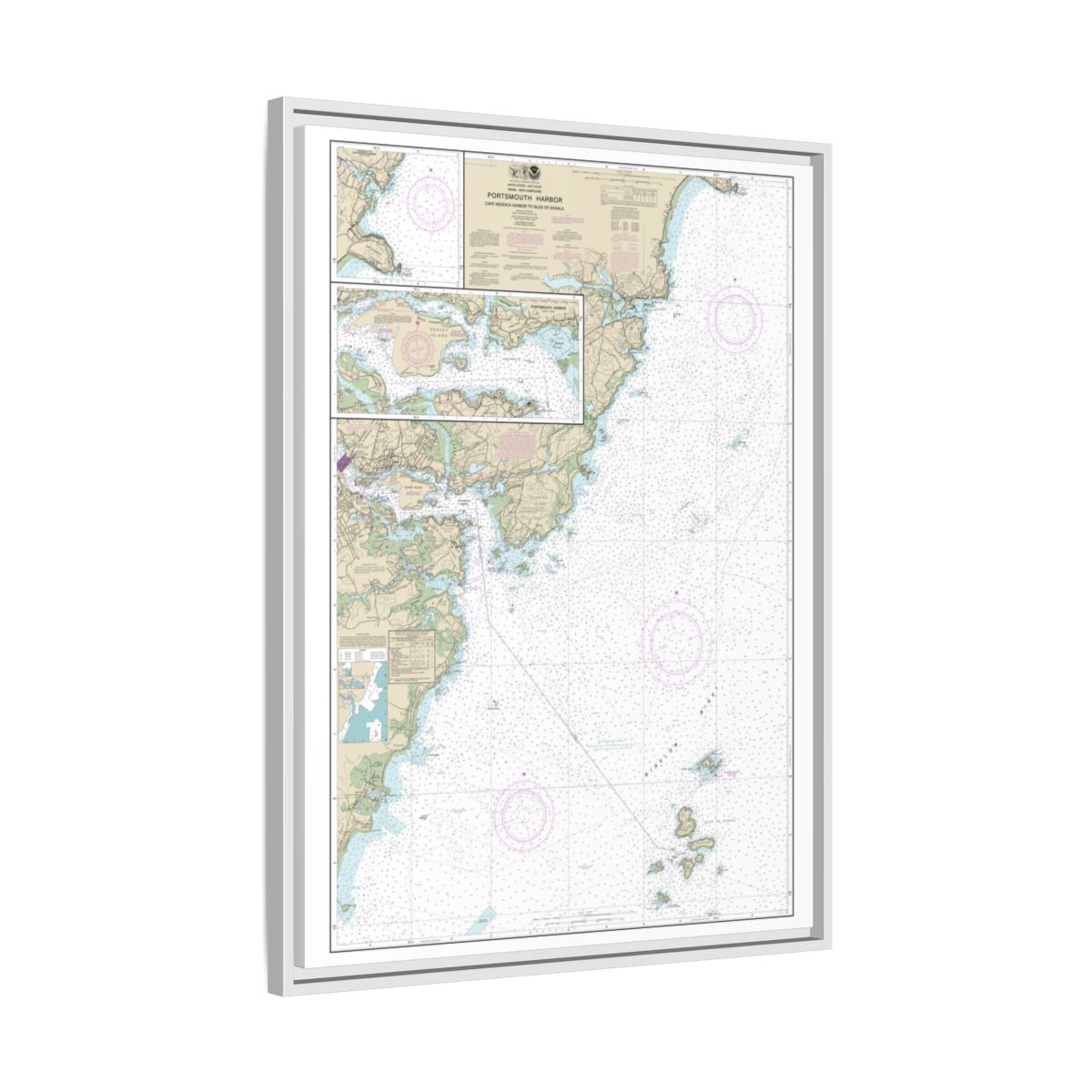 Chart 13283 Portsmouth Harbor Cape Neddick Harbor to Isles of Shoals; Portsmouth Harbor - NOAA Nautical Chart Floating Frame Canvas | 24" x 32" | 30" x 40" - White side