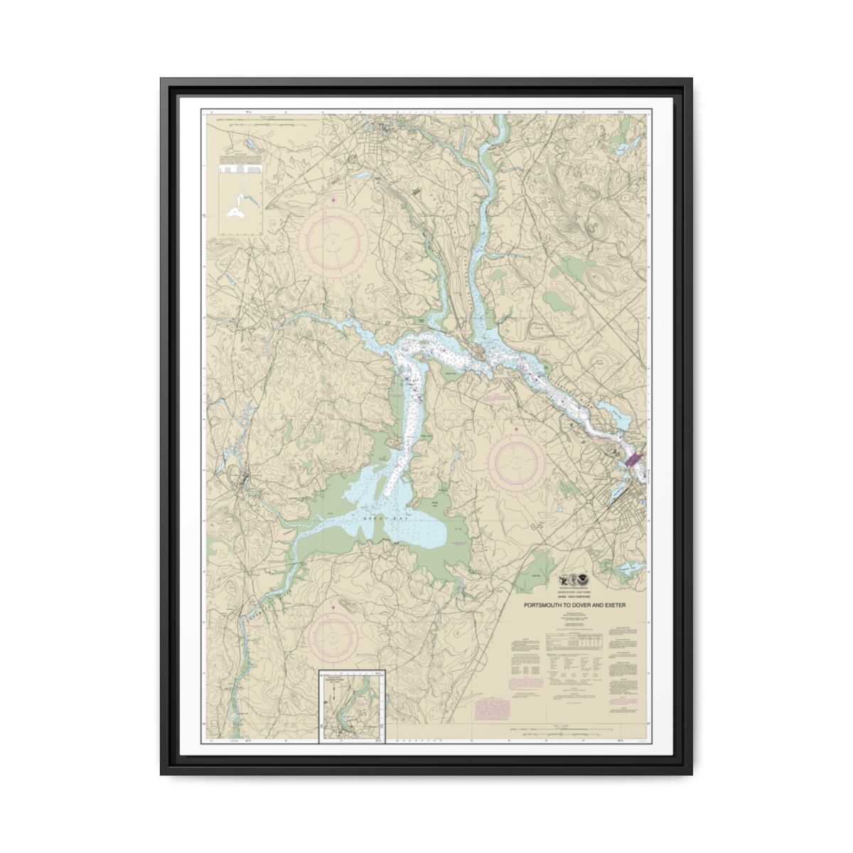 Chart 13285 Portsmouth to Dover and Exeter - NOAA Nautical Chart Floating Frame Canvas | 24" x 32" | 30" x 40" - Black front