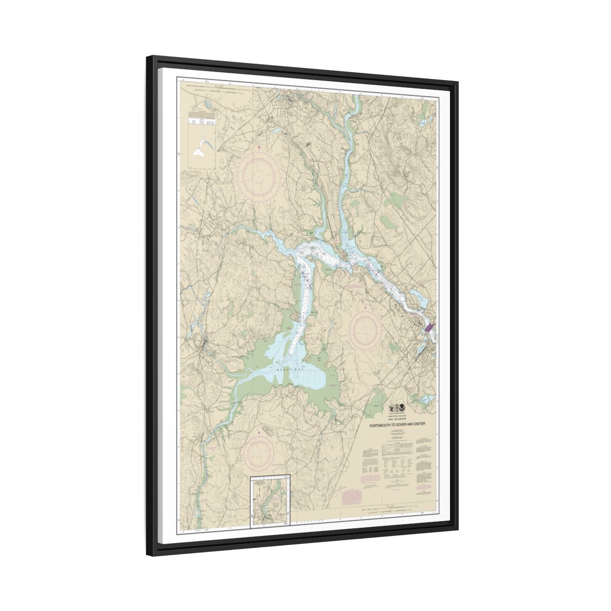 Chart 13285 Portsmouth to Dover and Exeter - NOAA Nautical Chart Floating Frame Canvas | 24" x 32" | 30" x 40" - Black side