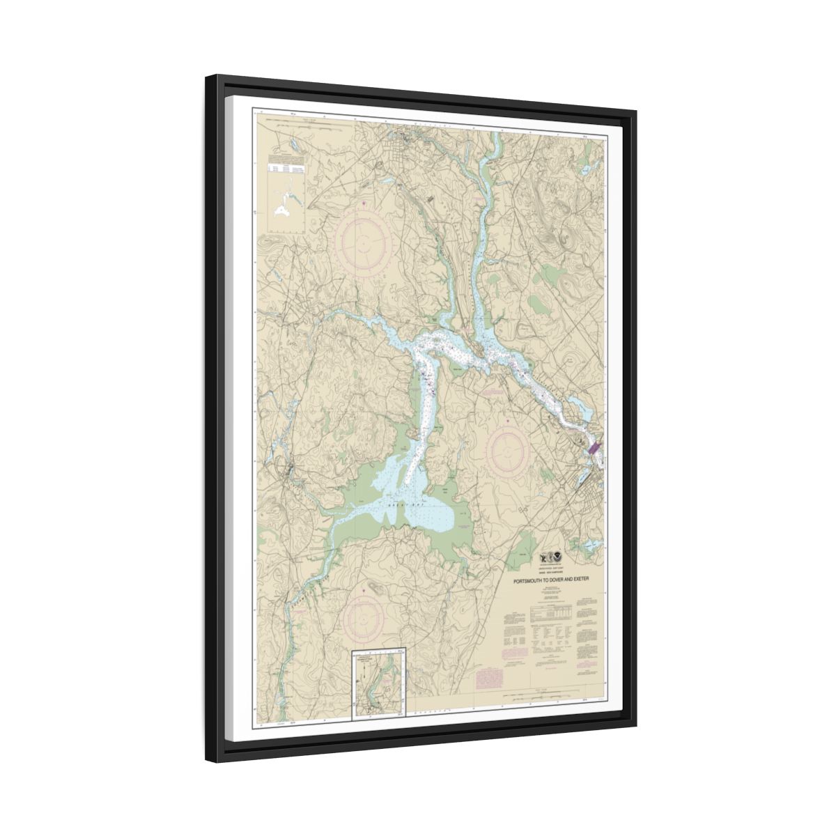 Chart 13285 Portsmouth to Dover and Exeter - NOAA Nautical Chart Floating Frame Canvas | 24" x 32" | 30" x 40" - Black side