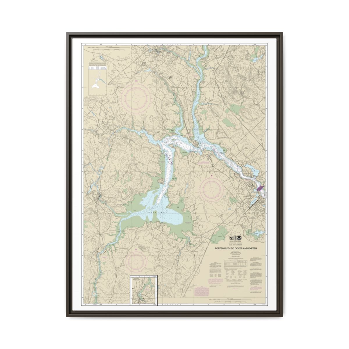Chart 13285 Portsmouth to Dover and Exeter - NOAA Nautical Chart Floating Frame Canvas | 24" x 32" | 30" x 40" - Espresso front