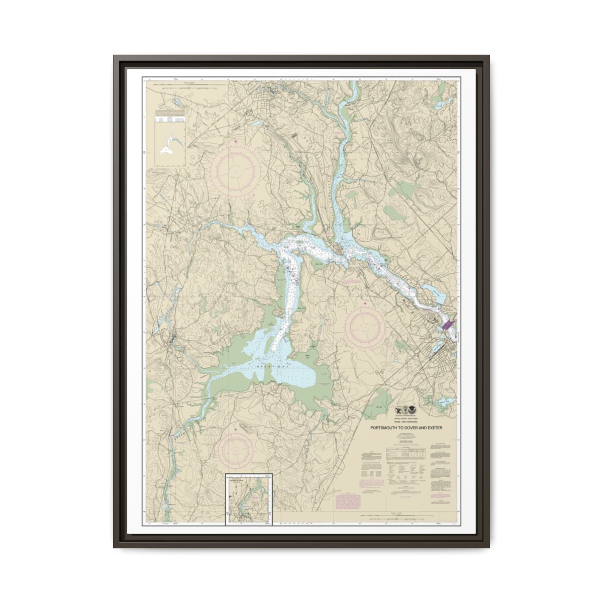 Chart 13285 Portsmouth to Dover and Exeter - NOAA Nautical Chart Floating Frame Canvas | 24" x 32" | 30" x 40" - Espresso front