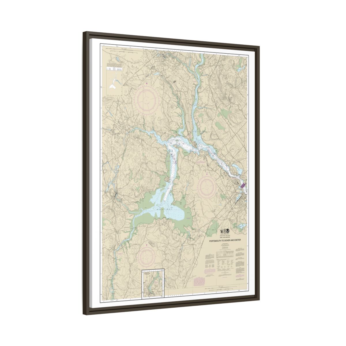 Chart 13285 Portsmouth to Dover and Exeter - NOAA Nautical Chart Floating Frame Canvas | 24" x 32" | 30" x 40" - Espresso side