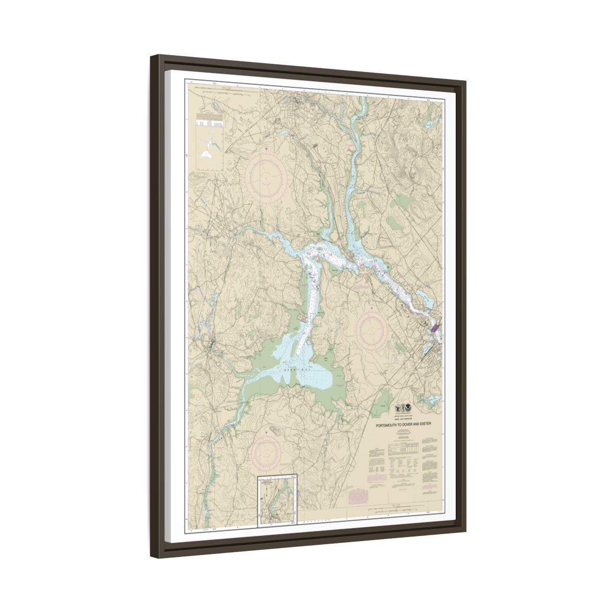 Chart 13285 Portsmouth to Dover and Exeter - NOAA Nautical Chart Floating Frame Canvas | 24" x 32" | 30" x 40" - Espresso side