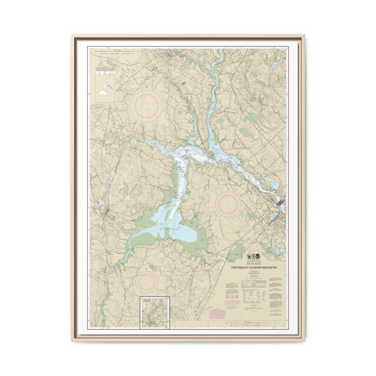 Chart 13285 Portsmouth to Dover and Exeter - NOAA Nautical Chart Floating Frame Canvas | 24" x 32" | 30" x 40" - Natural front