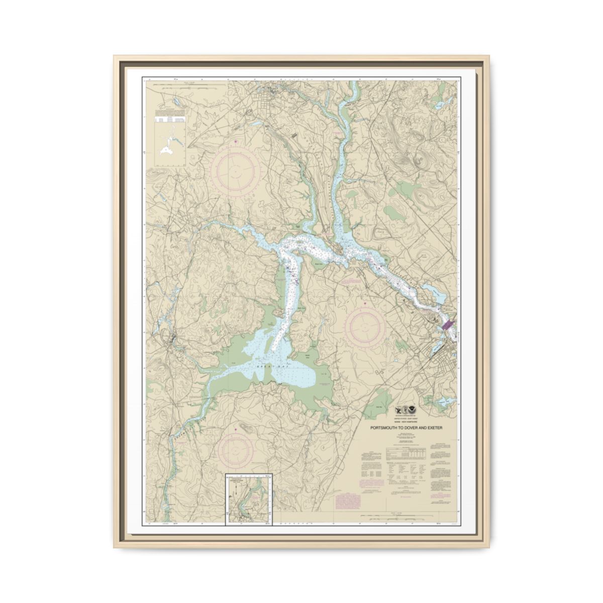 Chart 13285 Portsmouth to Dover and Exeter - NOAA Nautical Chart Floating Frame Canvas | 24" x 32" | 30" x 40" - Natural front
