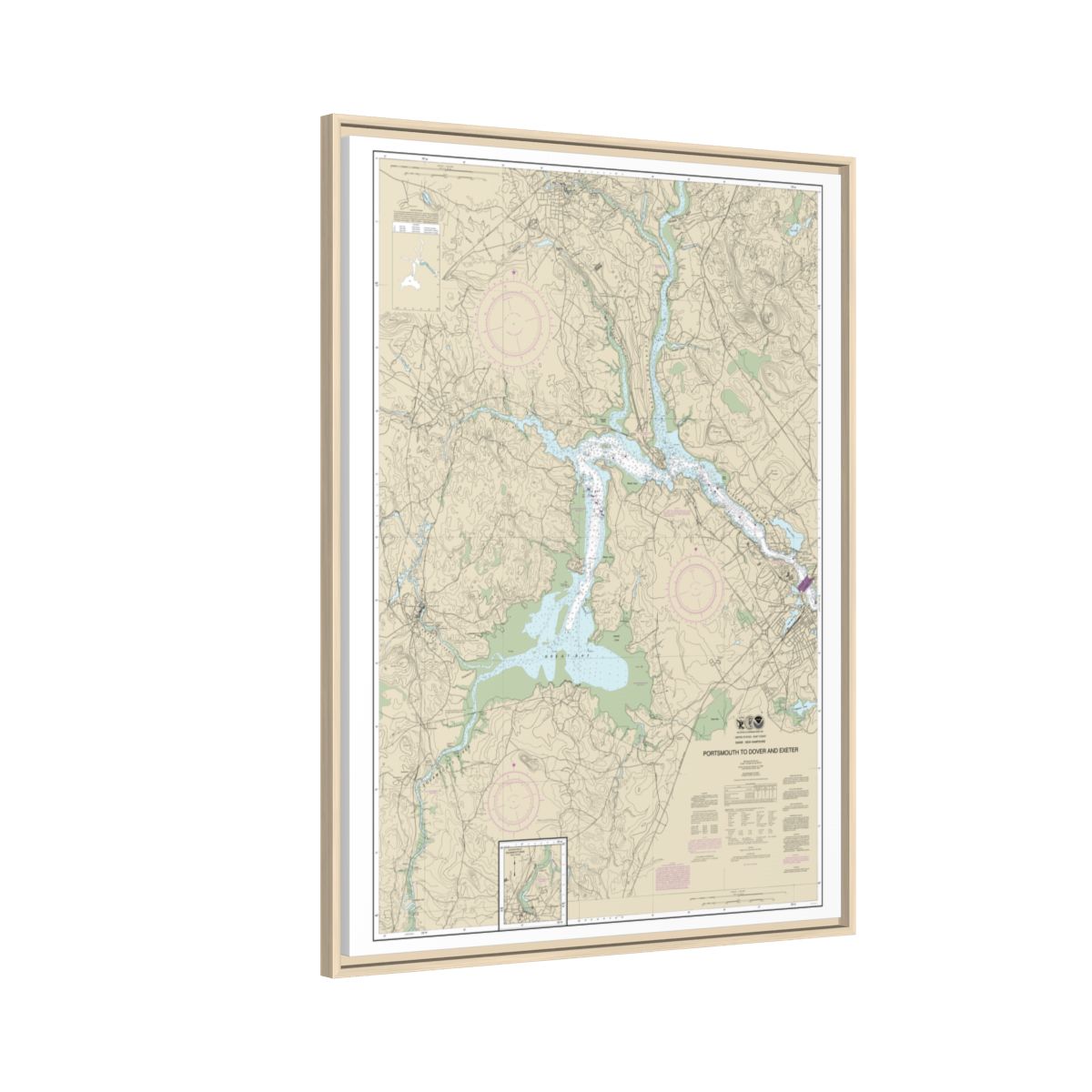 Chart 13285 Portsmouth to Dover and Exeter - NOAA Nautical Chart Floating Frame Canvas | 24" x 32" | 30" x 40" - Natural side
