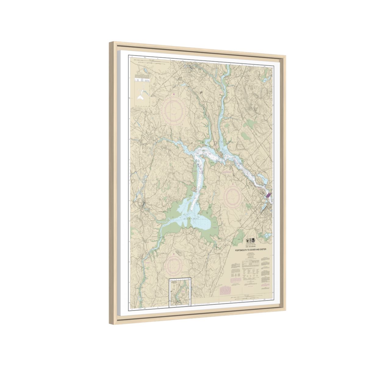 Chart 13285 Portsmouth to Dover and Exeter - NOAA Nautical Chart Floating Frame Canvas | 24" x 32" | 30" x 40" - Natural side