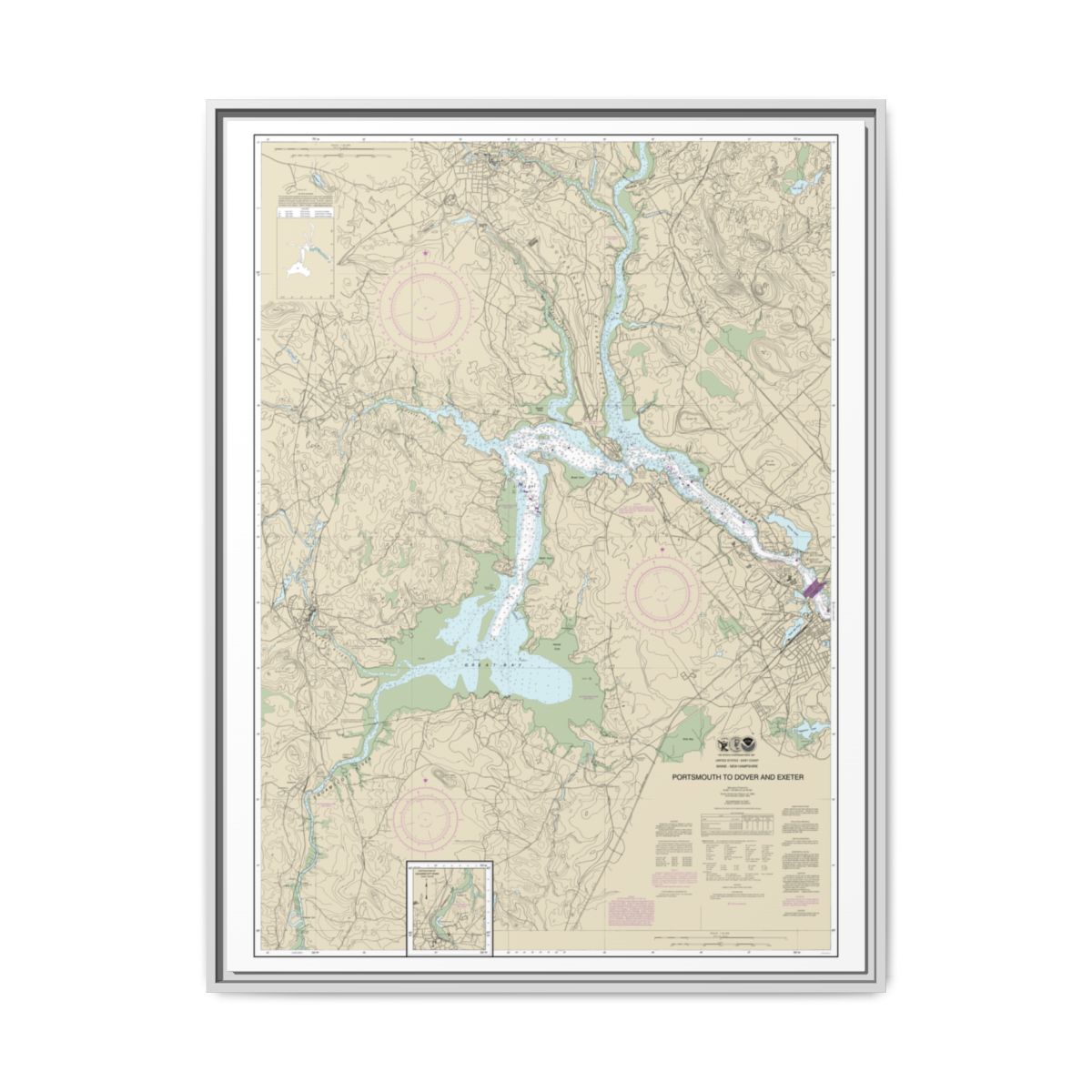 Chart 13285 Portsmouth to Dover and Exeter - NOAA Nautical Chart Floating Frame Canvas | 24" x 32" | 30" x 40" - White front